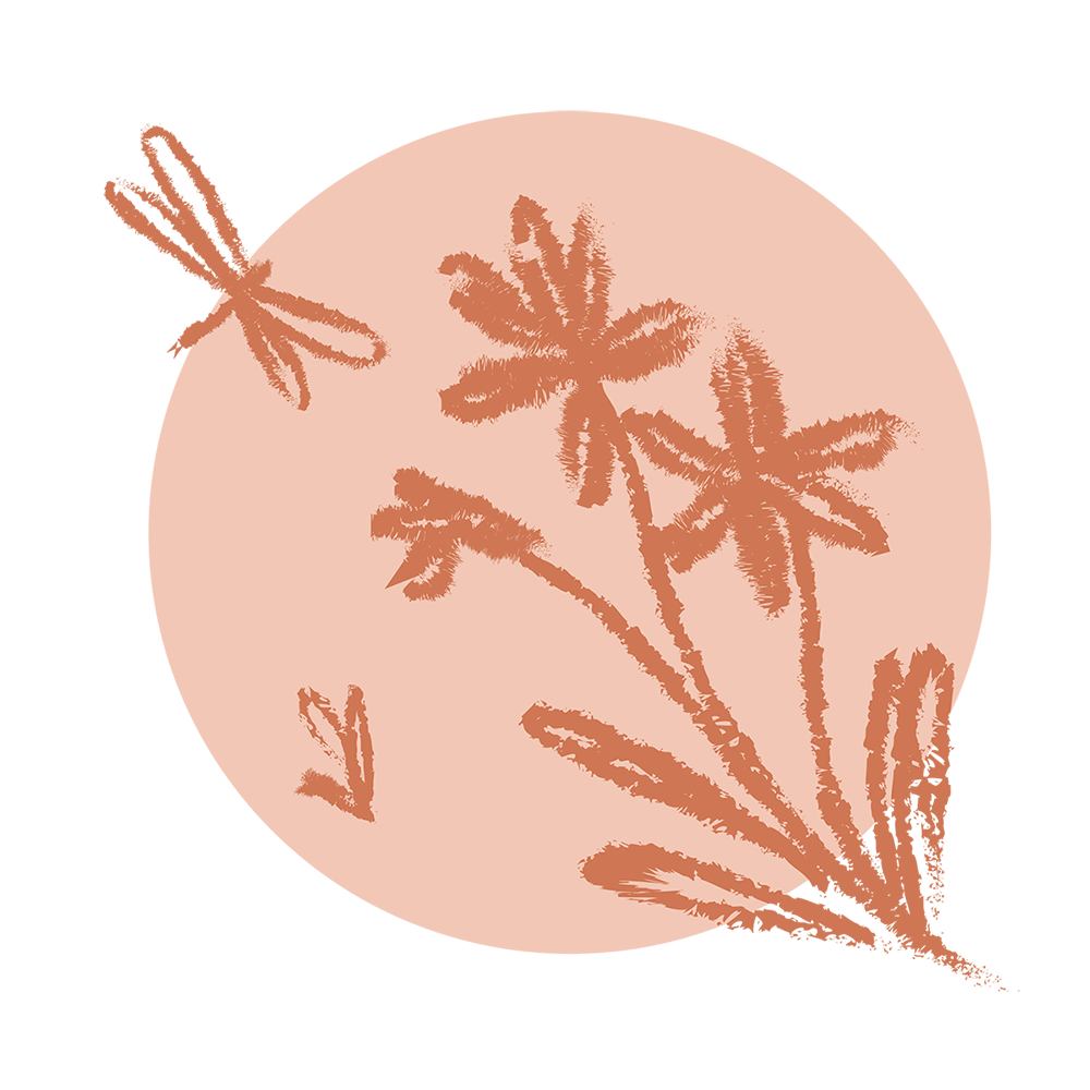 Illustration of a sprig of lavender with flowers, set against a pink circular background.