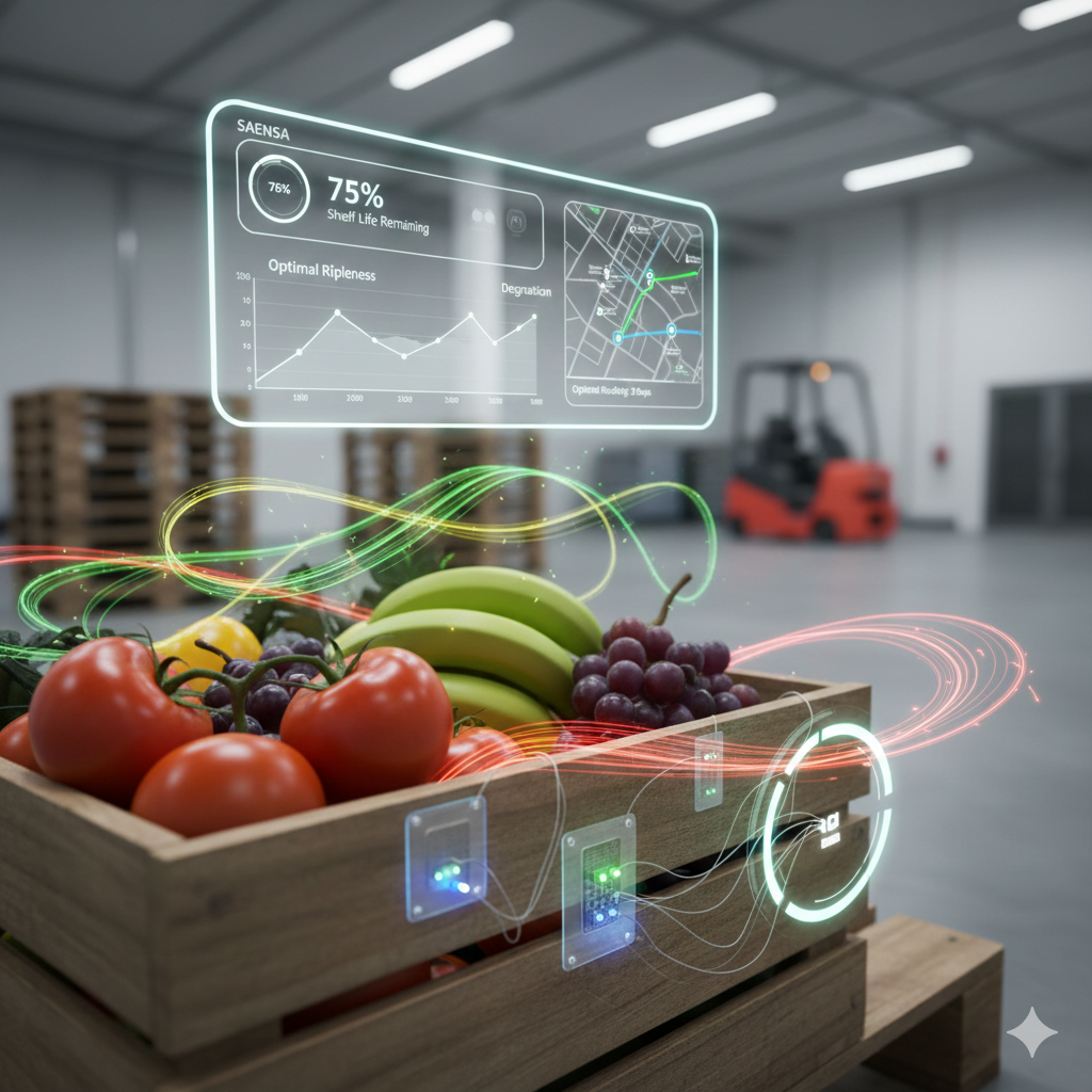 A wooden crate of fresh fruits, including tomatoes, bananas, and grapes, in a warehouse with holographic digital data projections and a forklift in the background.