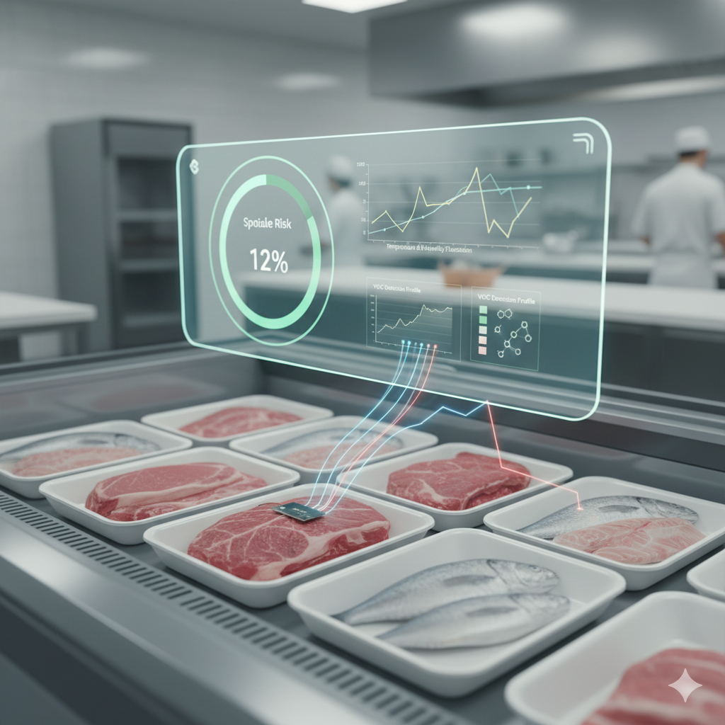 Fresh meat and fish packages on a conveyor with holographic data and graphs displaying quality and spoilage risk in a high-tech meat processing facility.