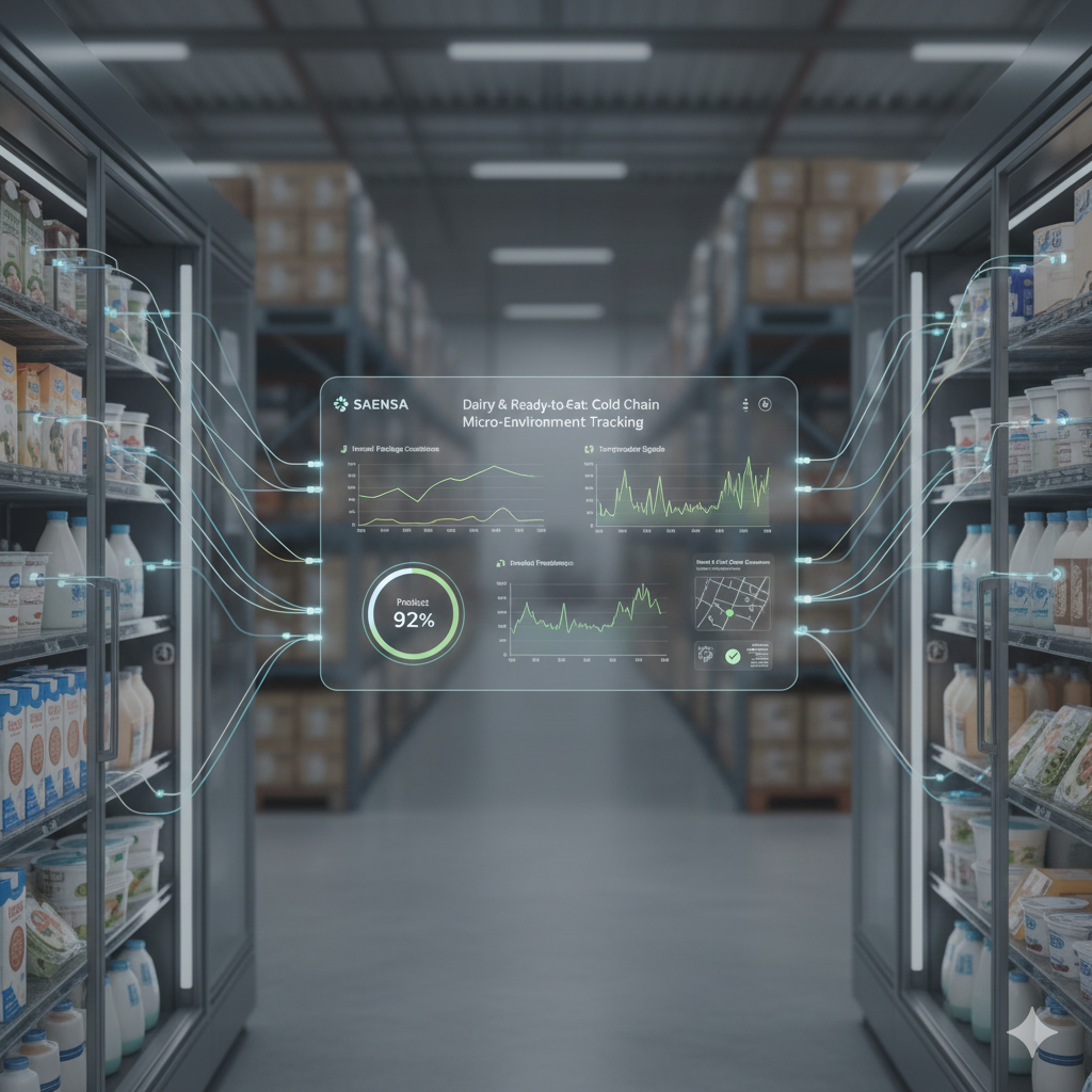 Supermarket aisle with dairy products and digital data overlay showing environmental tracking metrics.