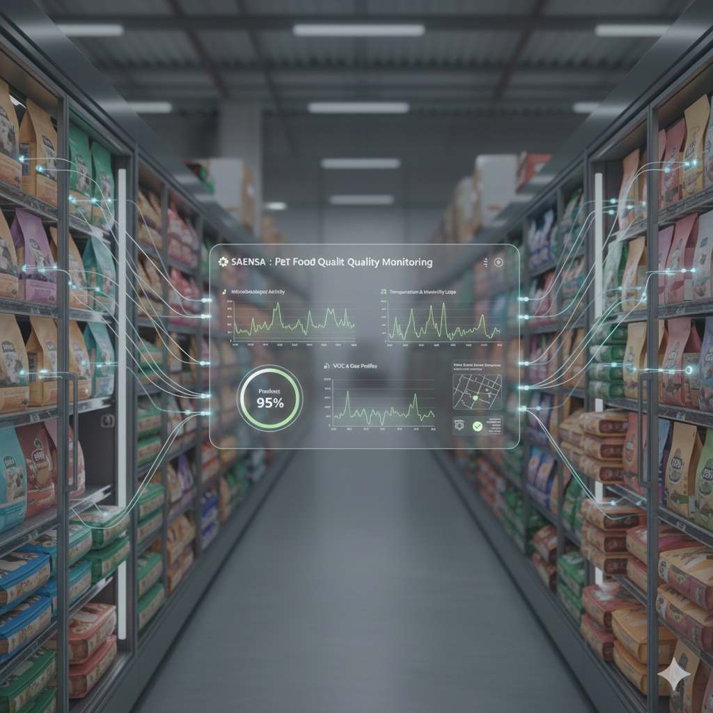 Aisle in a grocery store with shelves stocked with packaged pet food. Overlaid transparent digital data displays show pest food quality monitoring metrics, including graphs of microbial activity, temperature, and VOC levels, with a central indicator showing 95% approval.