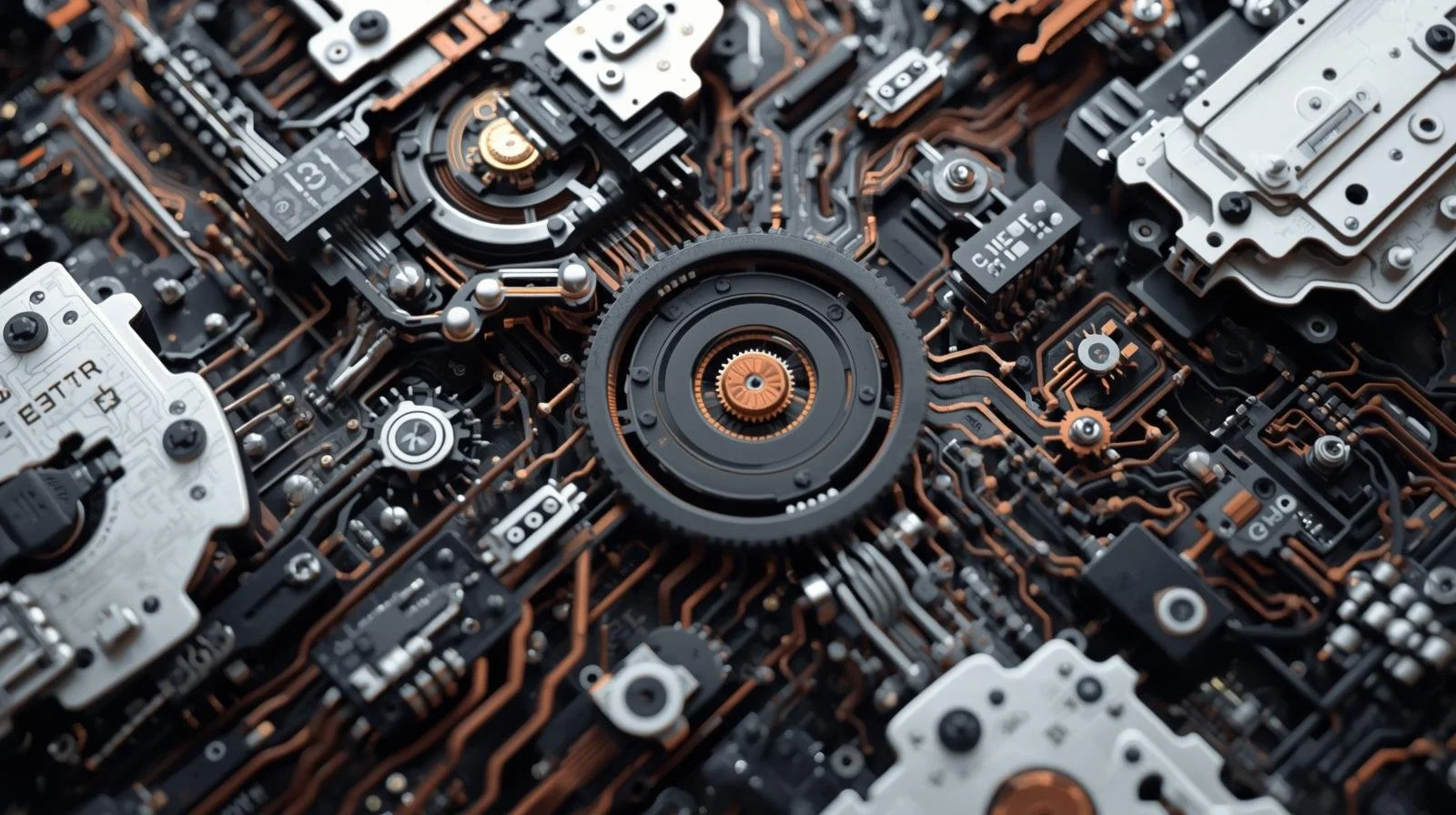 Close-up of a complex electronic circuit board with various components, wires, and gears.