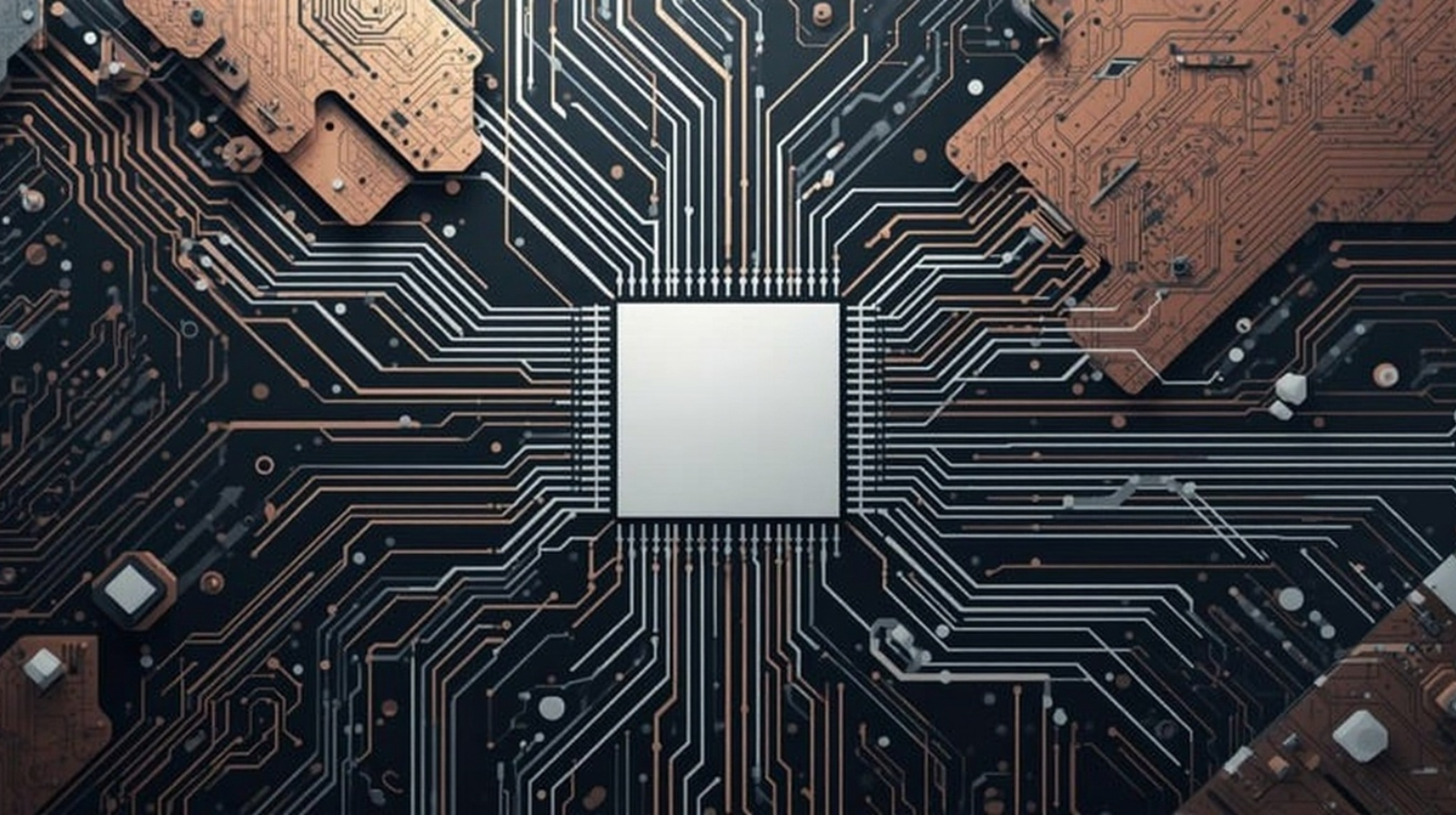 A close-up of a computer chip on a circuit board with copper-colored circuitry patterns.
