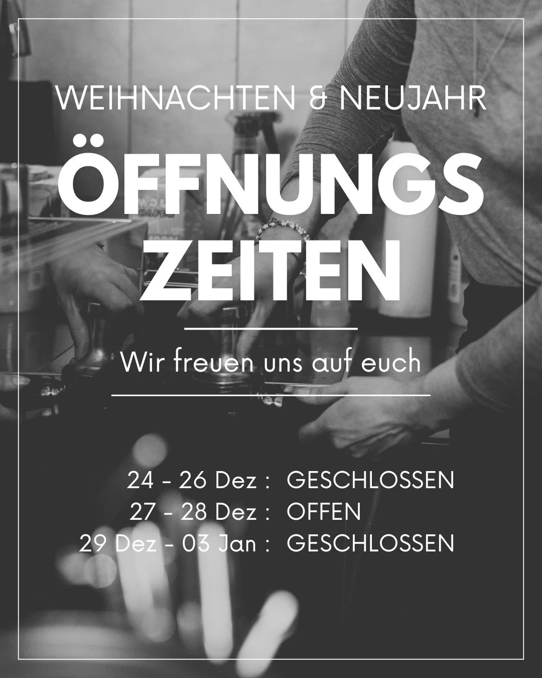 Die Weihnachtszeit steht vor der T&uuml;r und wir m&ouml;chten euch kurz mitnehmen, wann wir f&uuml;r euch da sind 🤍

🎄 &Uuml;ber Weihnachten:
Wir g&ouml;nnen uns ein paar ruhige Tage und haben geschlossen.

✨ Zwischen den Jahren:
Am 27. &amp; 28.1