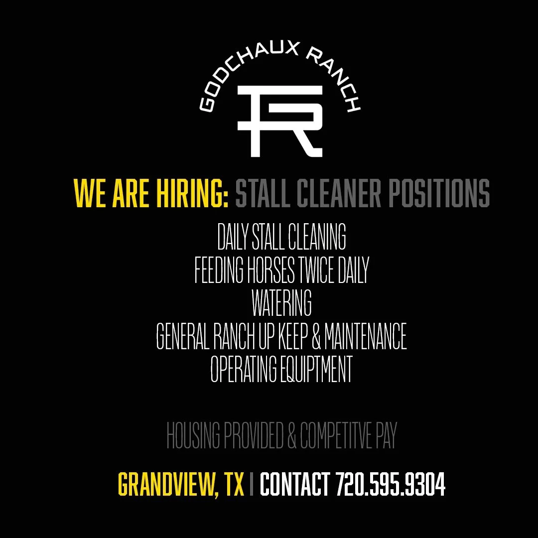 Godchaux Ranch is looking for someone who takes pride in the details, shows up early, and understands that great horses come from consistent, everyday care behind the scenes.

We&rsquo;re hiring a stall cleaner to be part of the program.

This role i