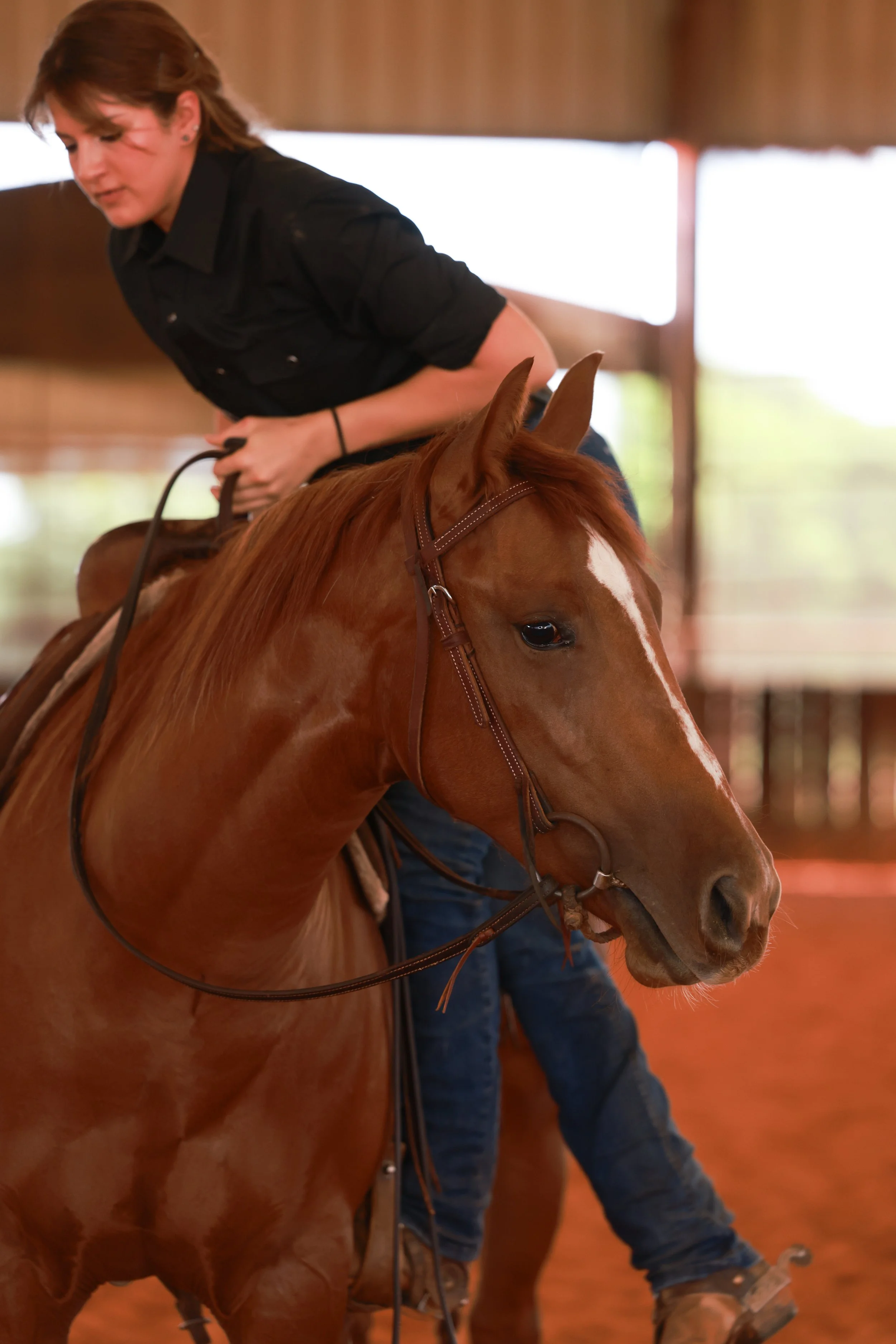 A man in a cowboy hat and gray jacket leads a brown horse into a stable at a ranch with wooden structures and other people in the background.