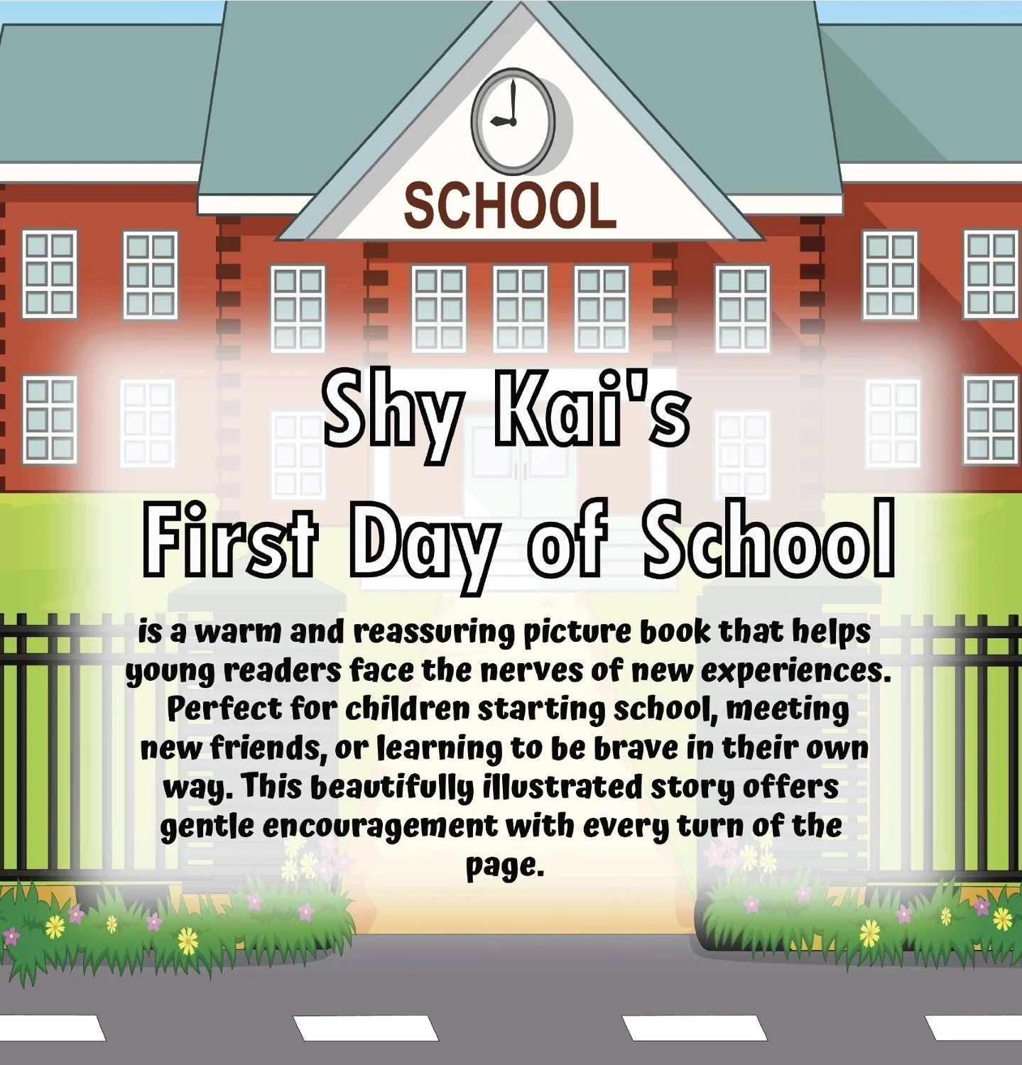 Back cover of Shy Kai’s First Day of School children’s book by Camille Taylor with story blurb.”