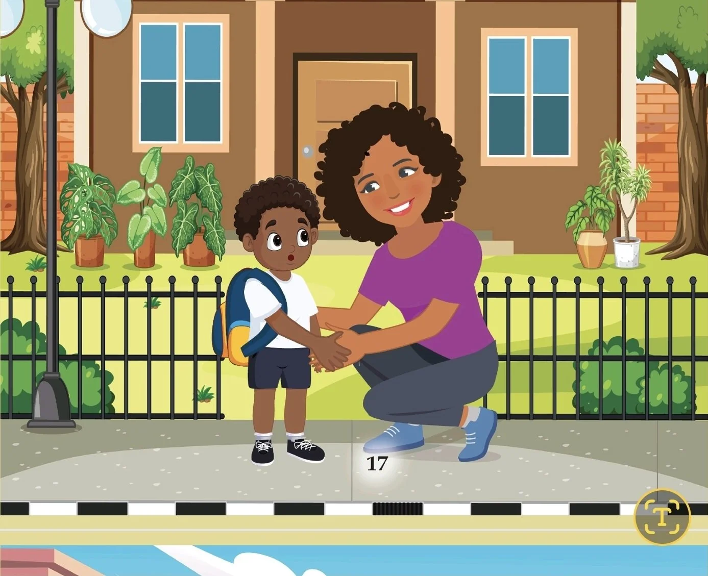 Kai standing at the bus stop holding his mother’s hand, feeling nervous as she kneels to reassure him from Shy Kai’s First Day of School.”