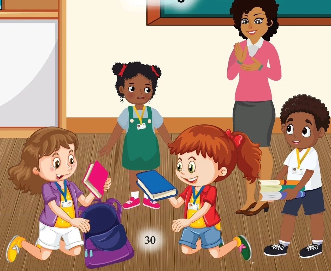 “Illustration of children helping Sarah pick up her school supplies that spilled from her bag in Shy Kai’s First Day of School.”