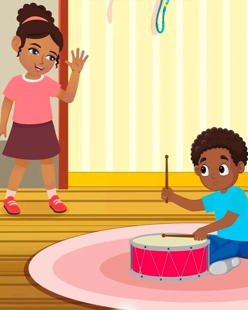 “Illustration of Kai playing the drum in his room while Sarah waves and tells him it is time for dinner in Shy Kai’s First Day of School.
