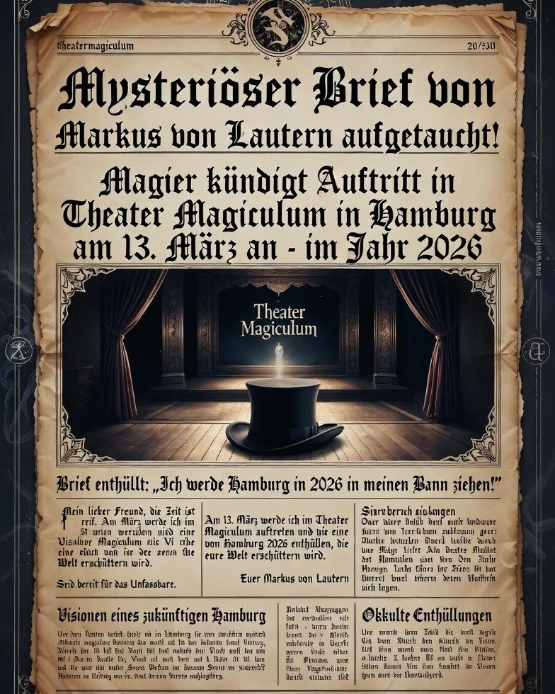 Markus von Lautern, der zeitreisende Magier aus den goldenen 20er Jahren, ist f&uuml;r den 13.3., 20.00 Uhr, im Hamburger Magiculum angek&uuml;ndigt. 
Zauberhistoriker erwarten eine nostalgische Zaubershow.
Karten, die vor einem Jahrhundert gekauft w