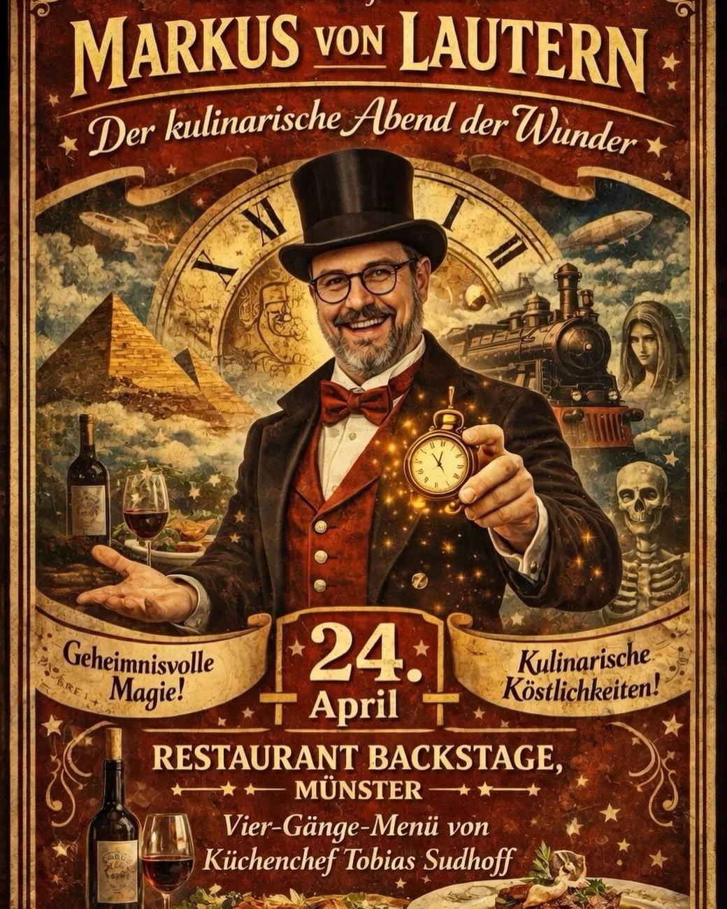Am 24. April spiele ich den Abend der Wunder erstmals als Dinner Show, und zwar in M&uuml;nster, wo ich fast zwei Jahrzehnte gelebt habe. In der K&uuml;che zaubert mein alter Freund und Sternekoch Tobias Sudhoff. Nur wenige Pl&auml;tze! Alle erste Re