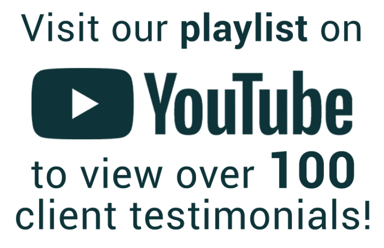 Text encouraging viewers to visit a YouTube playlist to see over 100 client testimonials, with a YouTube icon and bold text.