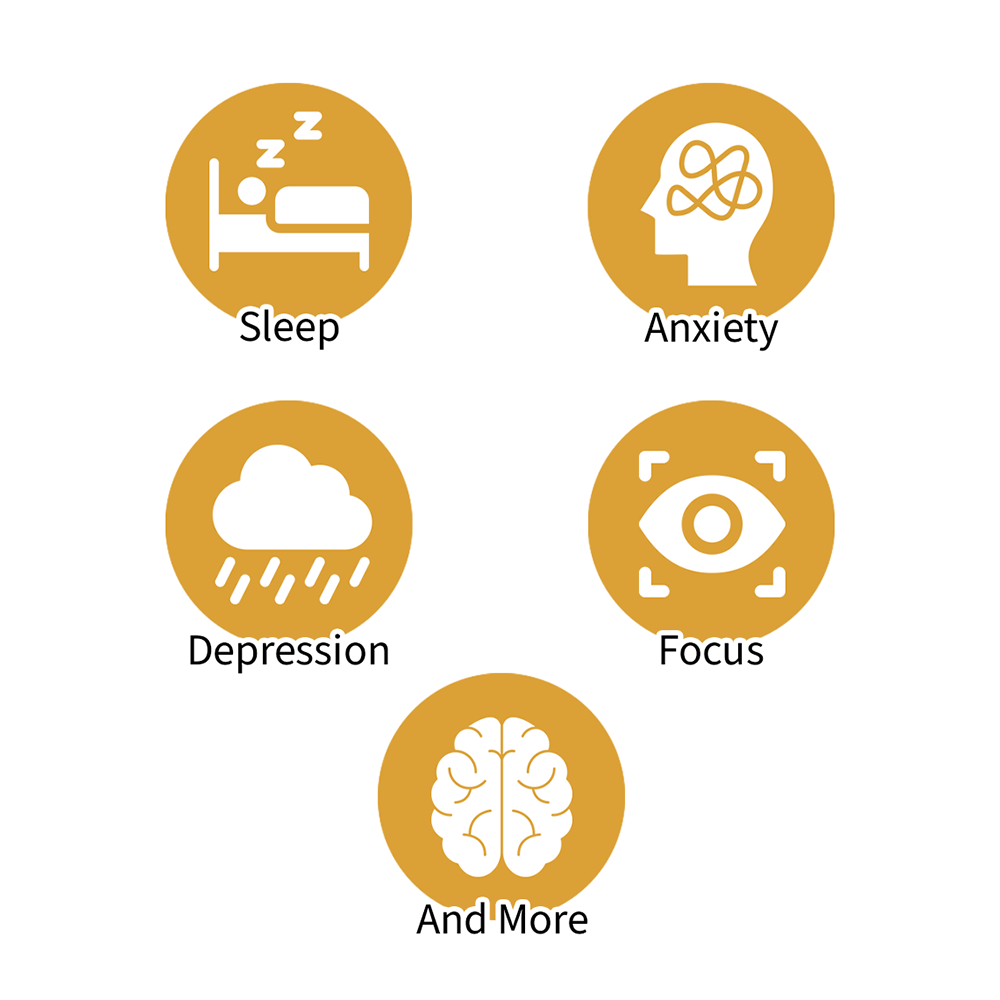 Collection of five icons related to mental health and sleep, including a bed with a person sleeping, a head with tangled lines representing anxiety, a cloud with rain representing depression, an eye symbol for focus, and a brain with the label 'And More'.