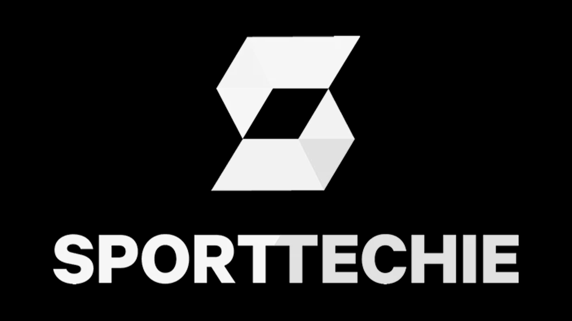 Logo with a geometric design of black, white, and gray shapes above the Text 'SPORTTECHIE' on a black background.