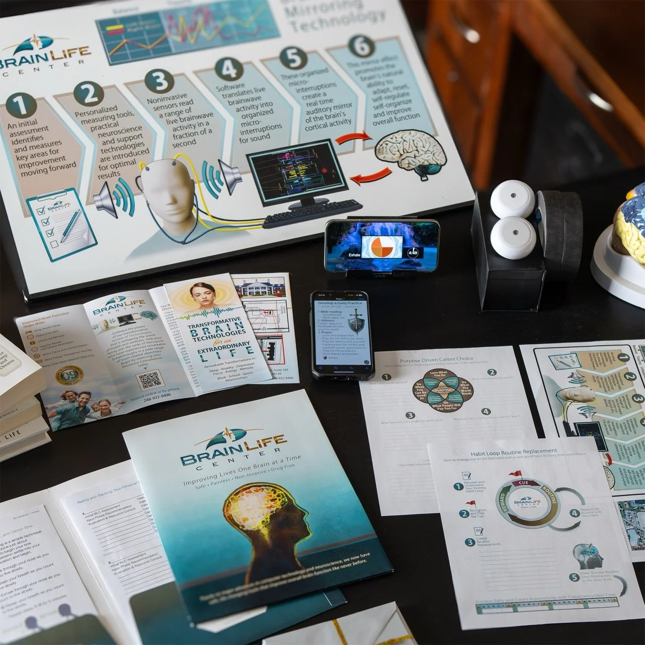 Display of BrainLife Center educational materials on brain monitoring technology, including brochures, pamphlets, and diagrams, with a smartphone and earphones on a black desk surface.