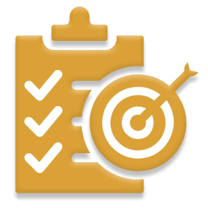 Checklist with three checked boxes and a target with an arrow hitting the bullseye