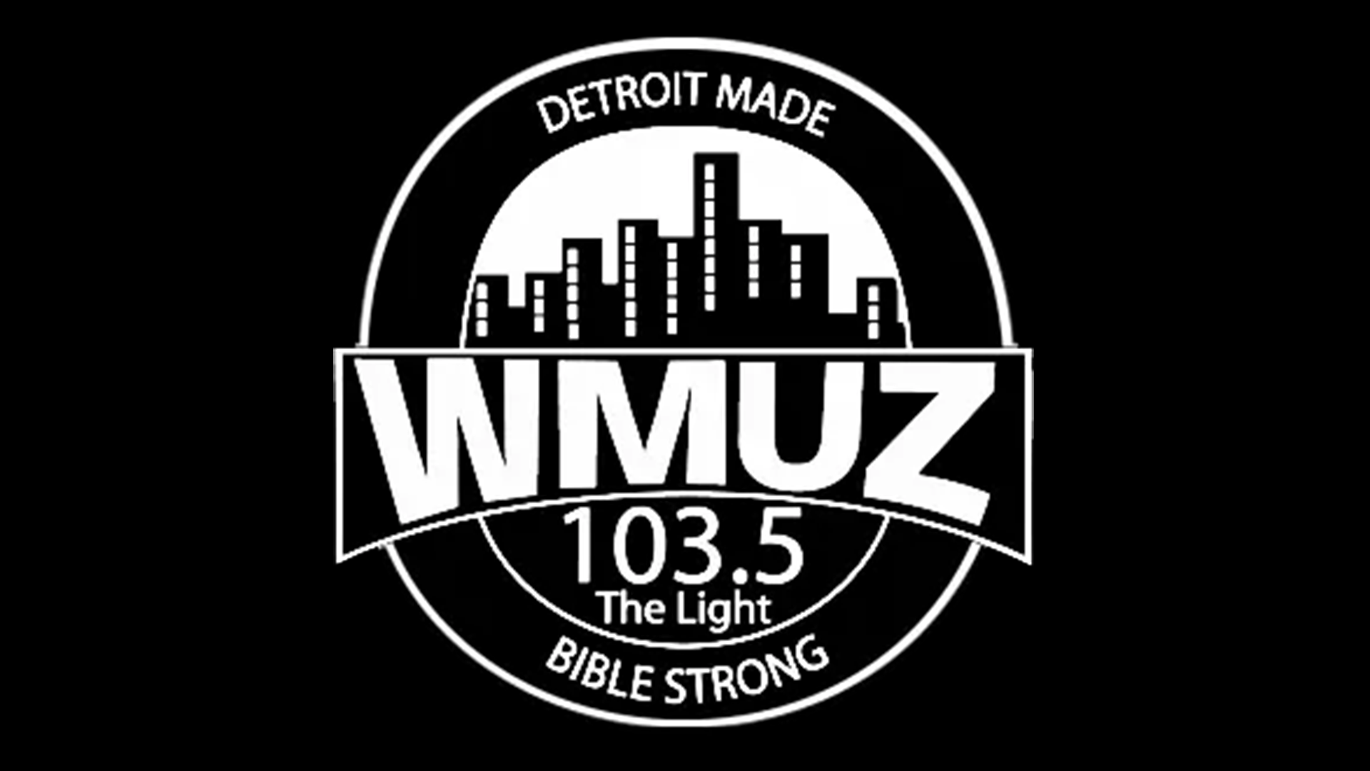 Logo for WMUZ 103.5 radio station showing a city skyline with text 'Detroit Made,' frequency 103.5, slogan 'The Light,' and 'Bible Strong' on a black background.