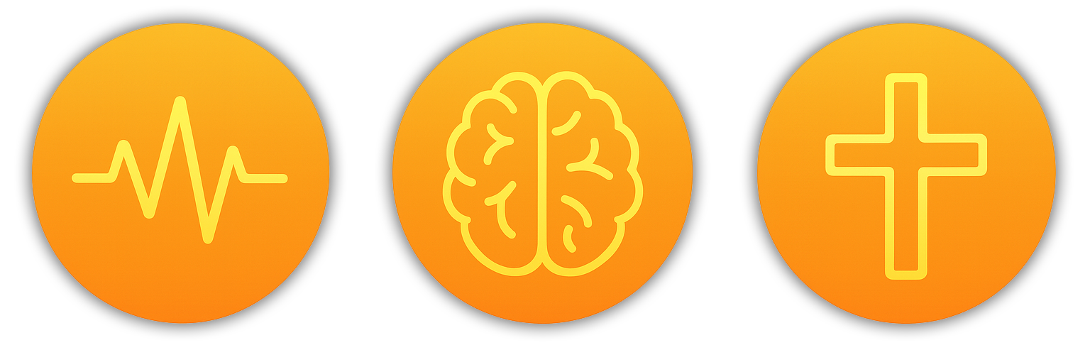 Three orange circles with health icons: a heartbeat line, a brain, and a cross.