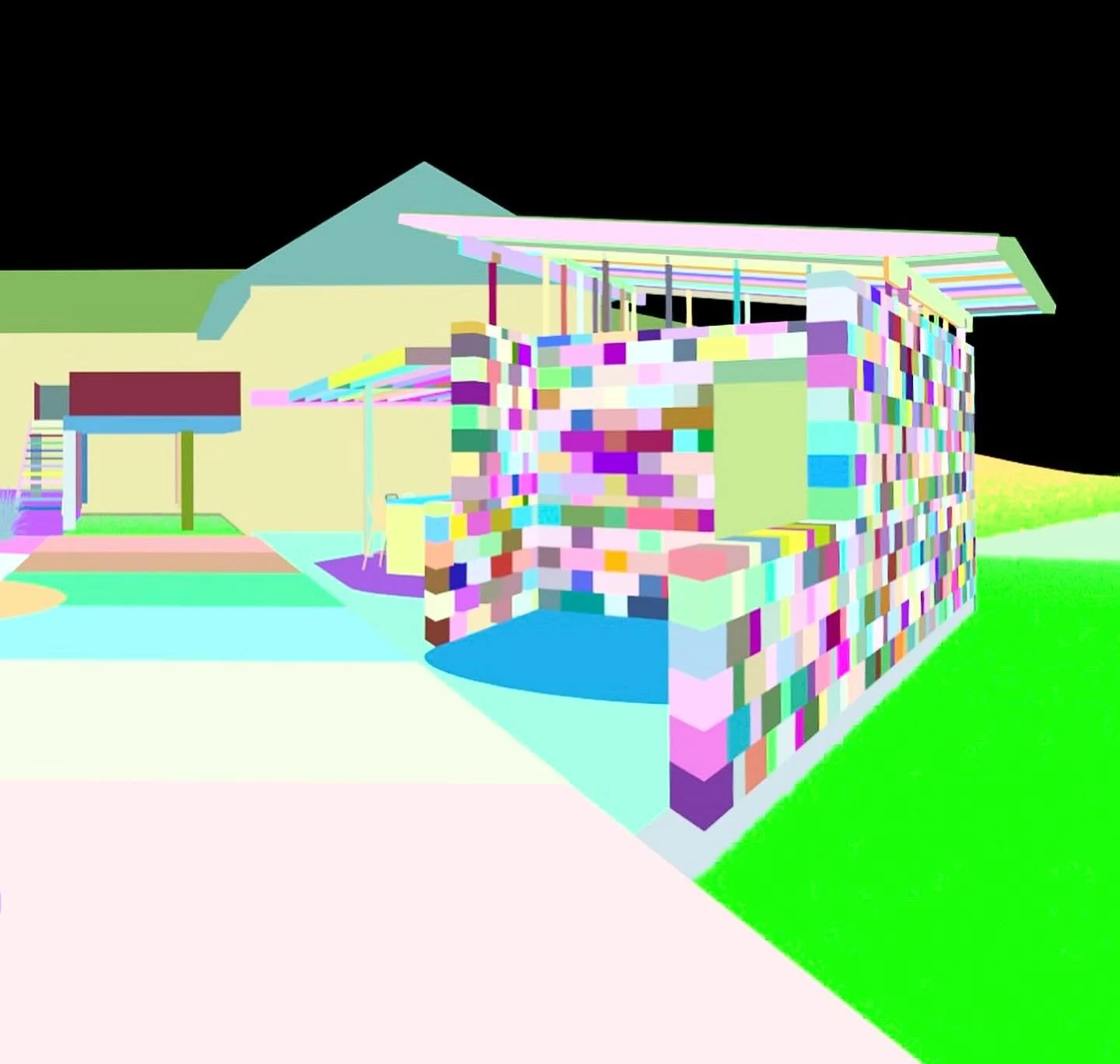 Material maps for a pool house, one of a collection of loosely-placed, overlapping objects designed in a backyard landscape renovation.
