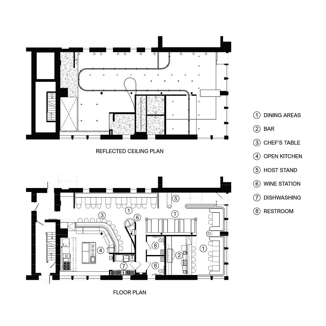 The Plan and RCP for @wildweed.cinci 

The millwork built-ins define the distinct dining zones: the front bar with small party-sized seating, linear seating along the north wall, a chef&rsquo;s counter at the open kitchen, and fixed booths along the 