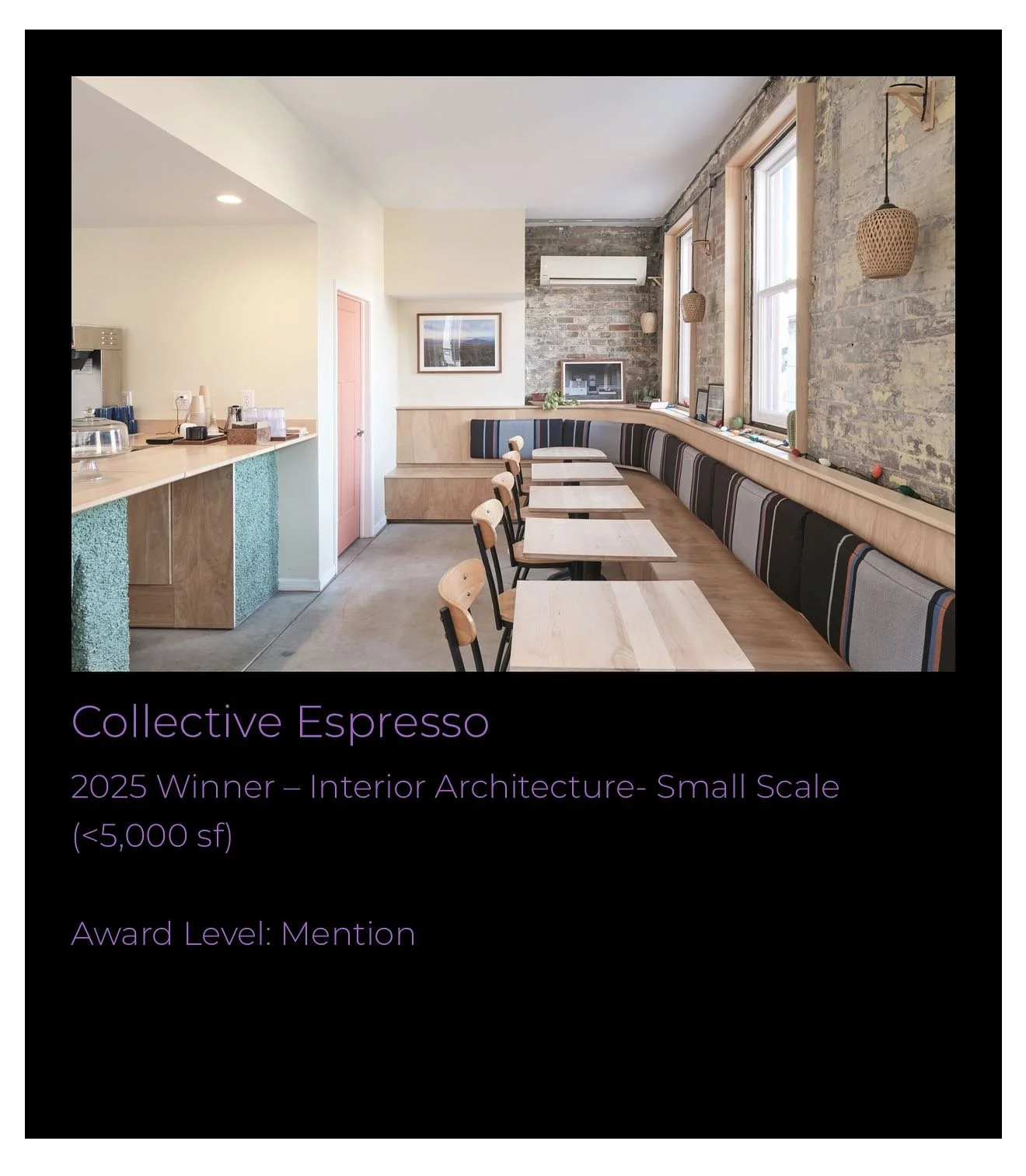 Our second award from the @cincinnatidesignawards was for Collective Espresso OTR , receiving a mention in Interior Architecture - Small Scale (&lt;5,000 SF).

Drawing from desert landscapes and American road trips, we used utilitarian and recycled m