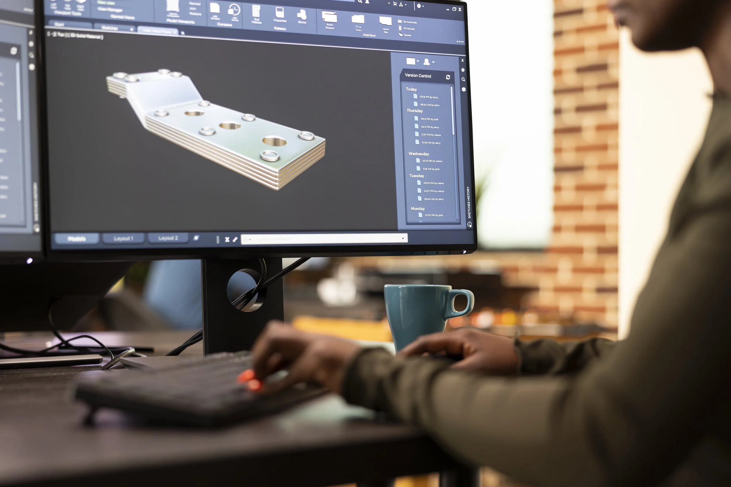 Person working on design software at a computer, with a 3D model of a metal component on the screen, in a modern office with a brick wall background and a blue coffee mug on the desk.