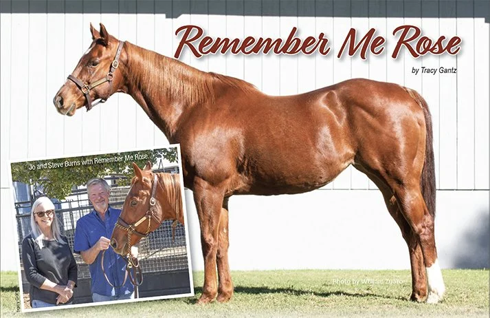 Book cover titled "Remember Me Rose" by Tracy Gantz featuring a large, chestnut-colored horse standing on grass in front of a white fence, with an inset photo of two people and a woman holding the horse's bridle.