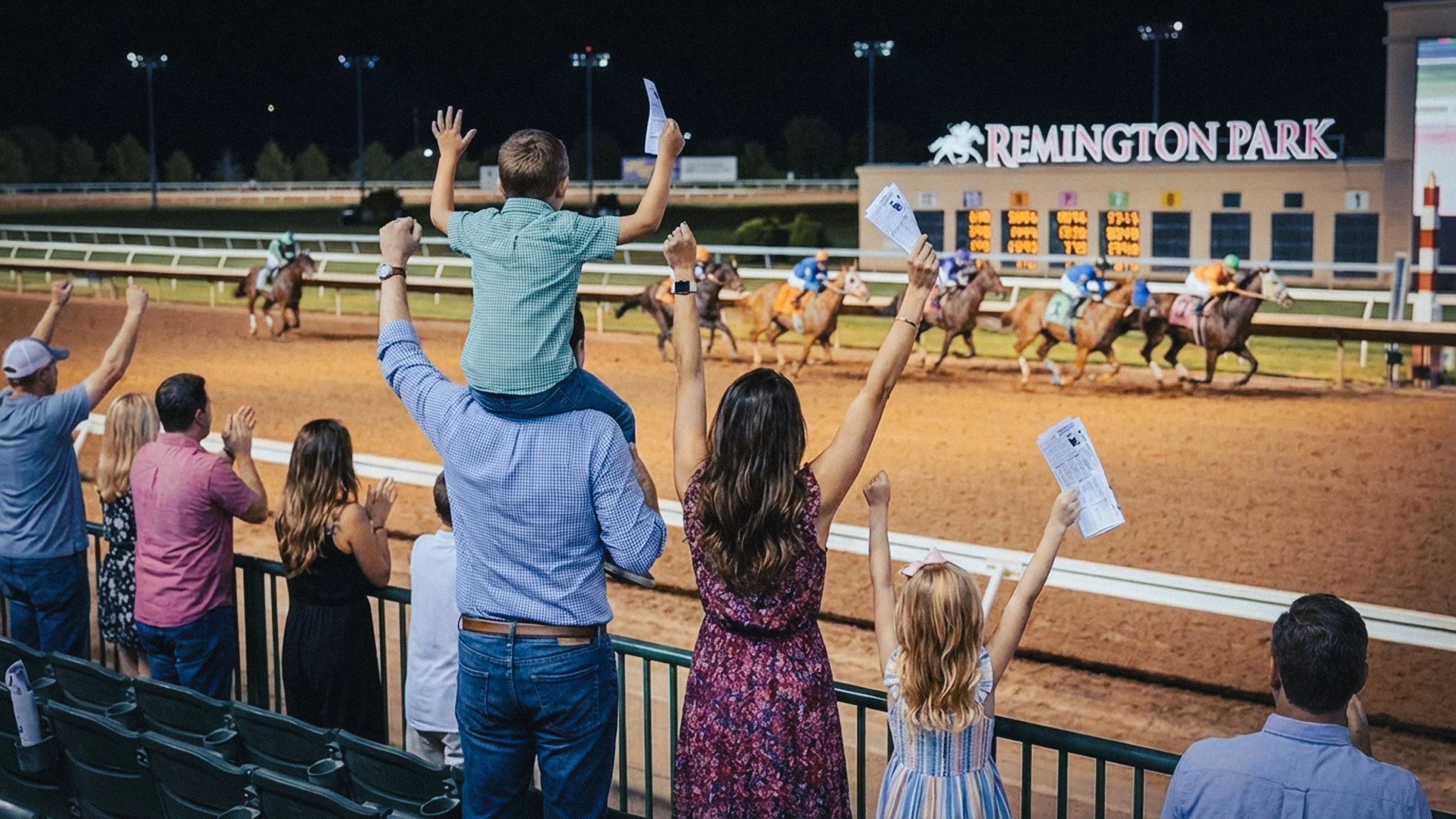 People celebrating at the racetrack during horse race at Remington Park, with spectators cheering and children holding race tickets.