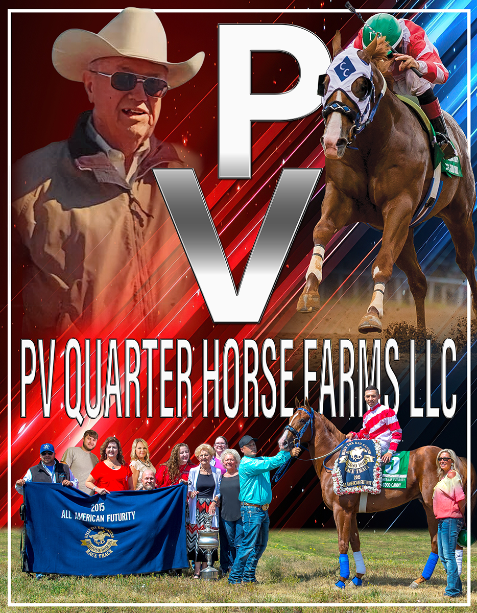 A promotional image for a horse racing event featuring PV Quarter Horse Farms LLC. It includes a cowboy man in a cowboy hat and sunglasses, a racehorse with a jockey, and a group of celebration participants holding a banner that reads 'All American Futurity 2015,' with a prize-winning horse and rider.
