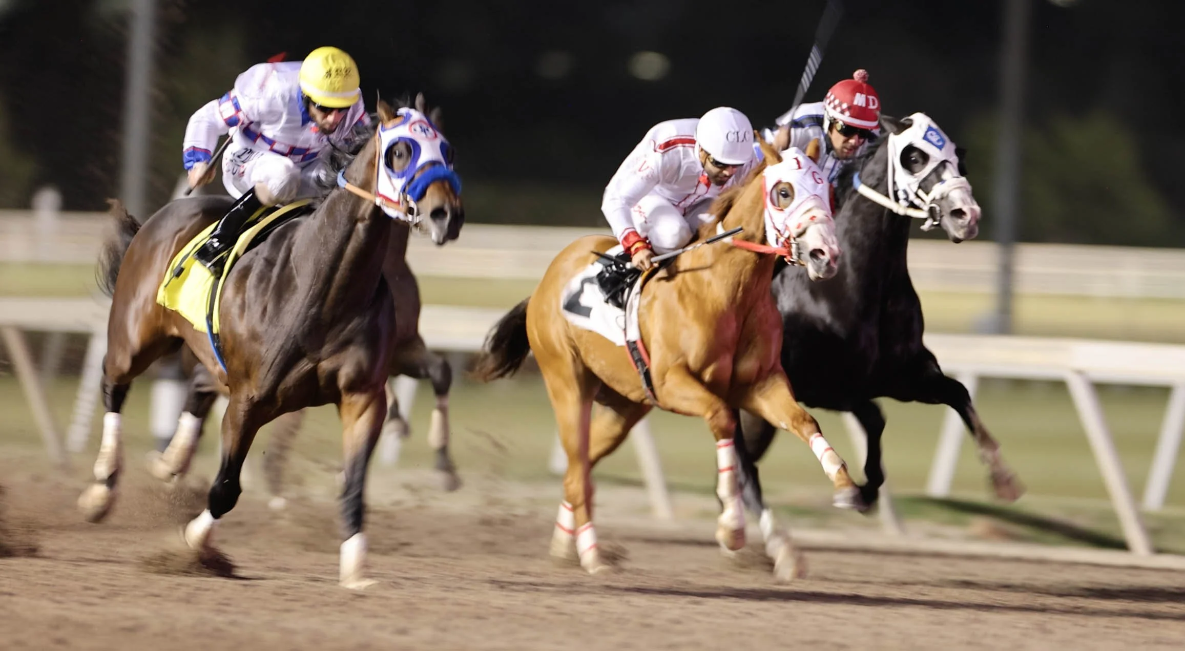 Four jockeys riding horses in a nighttime horse race on a dirt track.