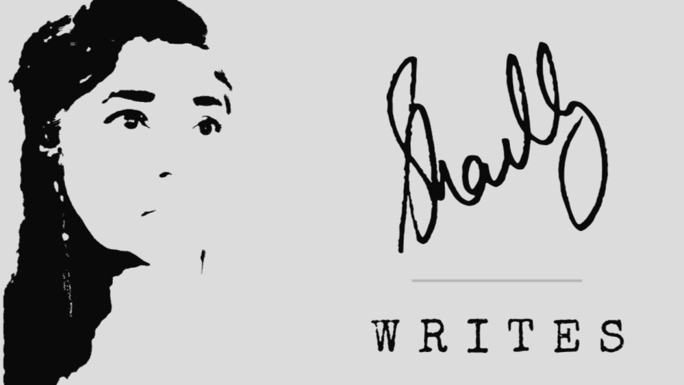 A black-and-white illustration of a woman's face, signature, and the word 'WRITES' on a light gray background.