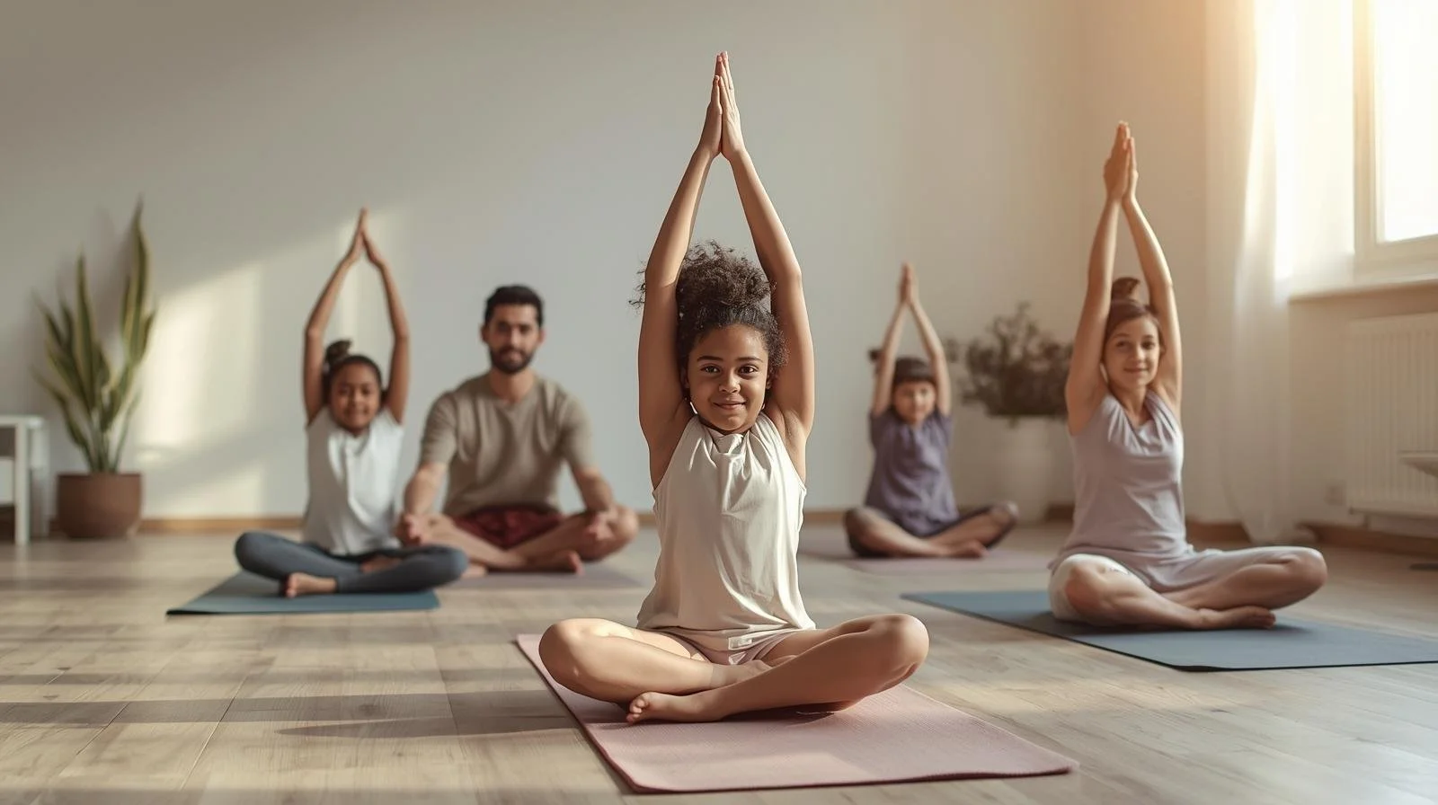 Group of women practicing yoga in a bright studio, sitting cross-legged with hands in prayer position above their heads.