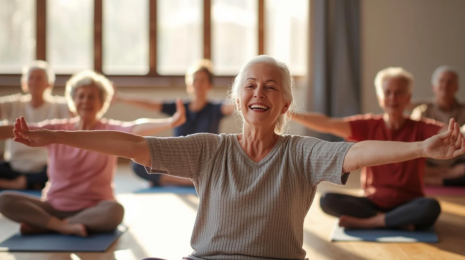 An older woman practicing simple yoga and stretching