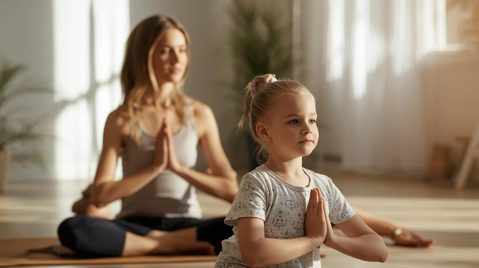 Yoga class with women seated on chairs and mats, practicing meditation and stretching in a sunlit room.