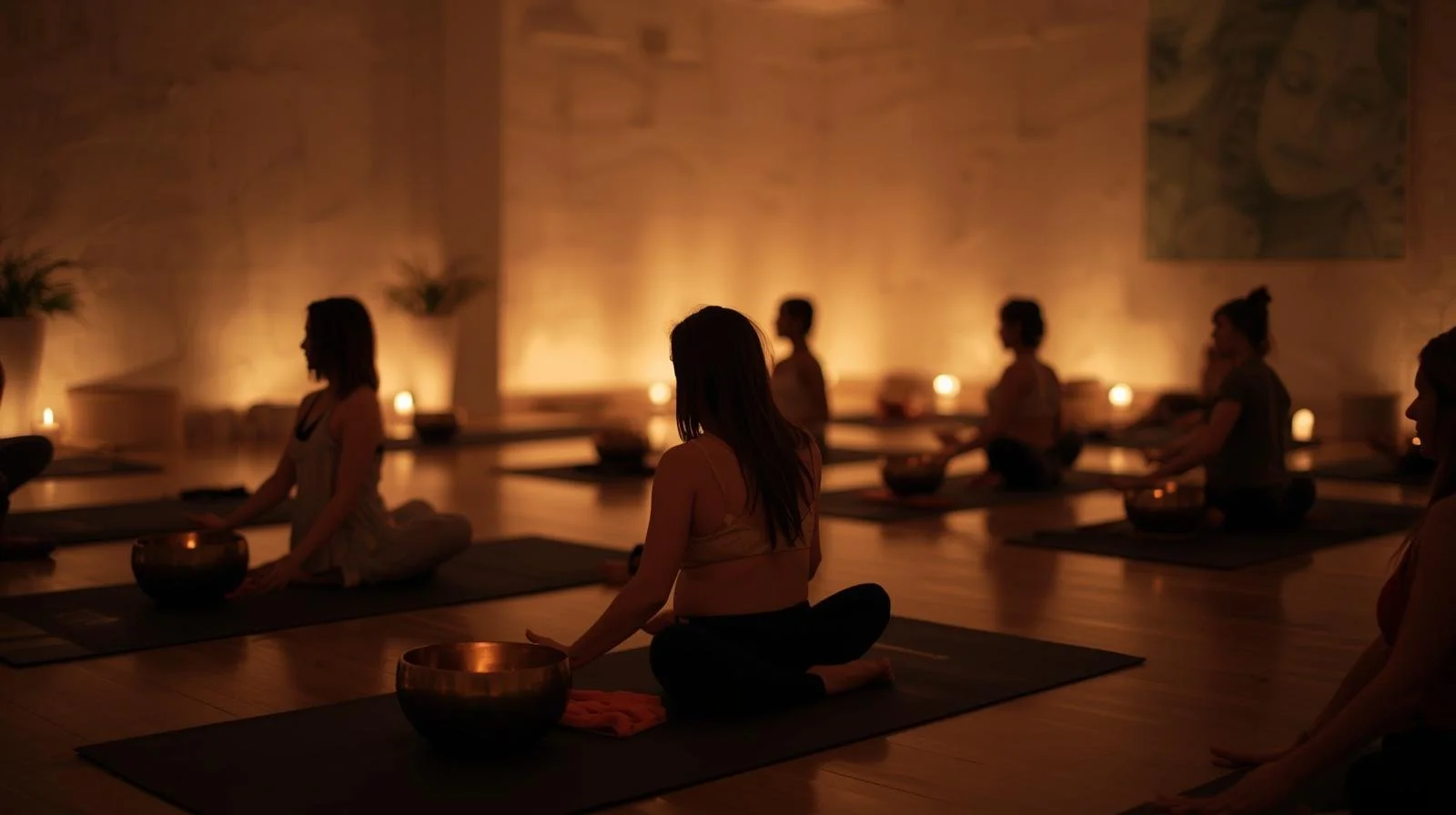 People practicing meditation in a dimly lit yoga studio, sitting on mats with singing bowls in front of them, candles glow softly around.