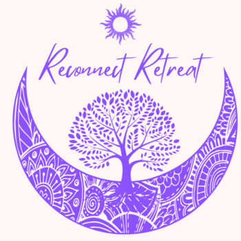 A purple graphic featuring a large tree with intricate patterns, a crescent moon, a sun symbol above, and the words 'Reconnect Retreat' in elegant script.