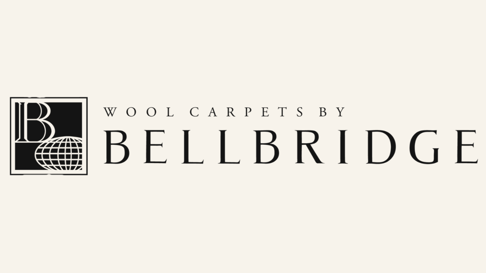 Logo for Wool Carpets by Bellbridge with text and a graphic of a globe and geometric shapes.