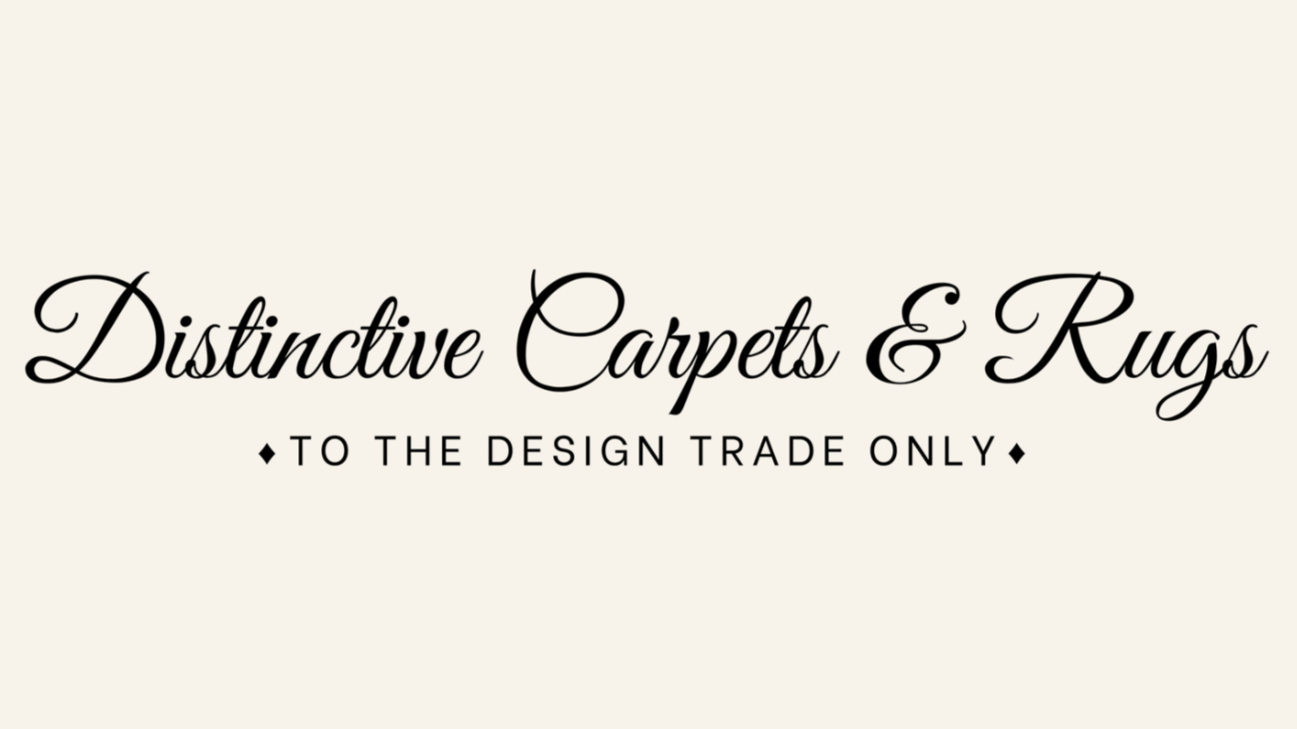 Text that reads 'Distinctive Carpets & Rugs to the Design Trade Only' on a beige background.