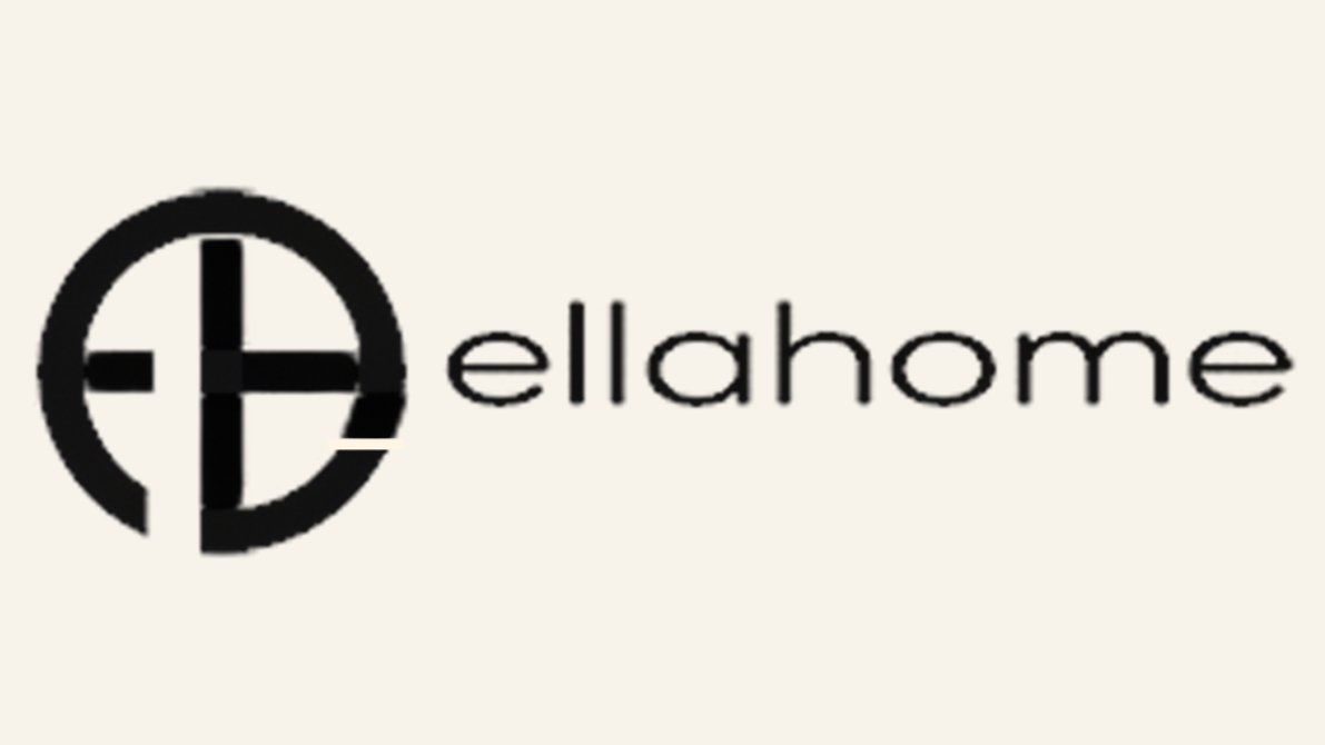 Logo with a black circular symbol containing a cross and the word 'ellahome' in black lowercase letters.
