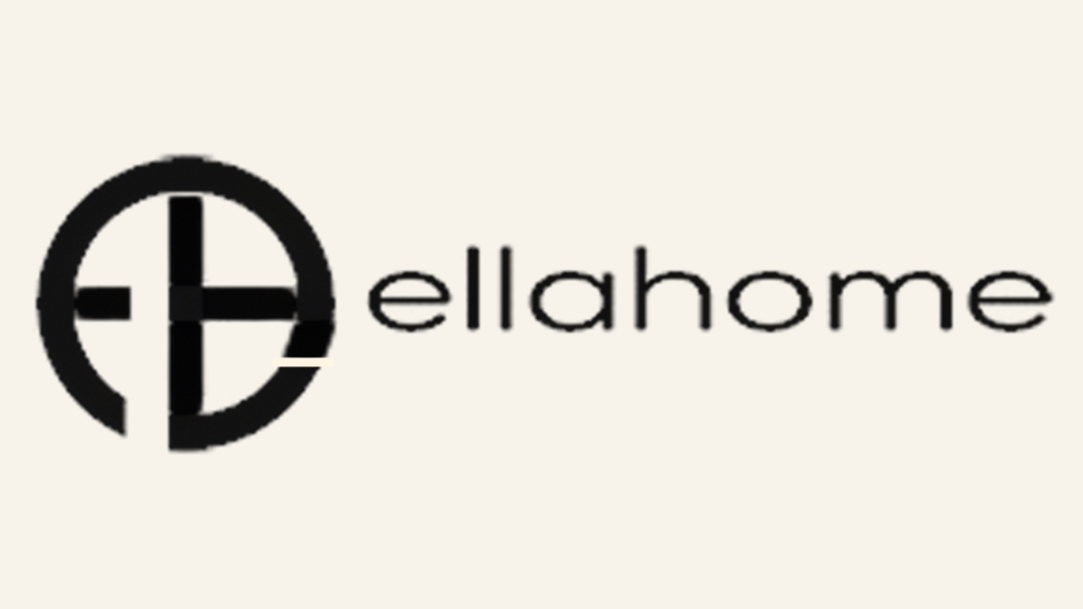 Logo with a black circular emblem featuring a cross and the letter 'E', next to the word 'ellahome' in lowercase black text.