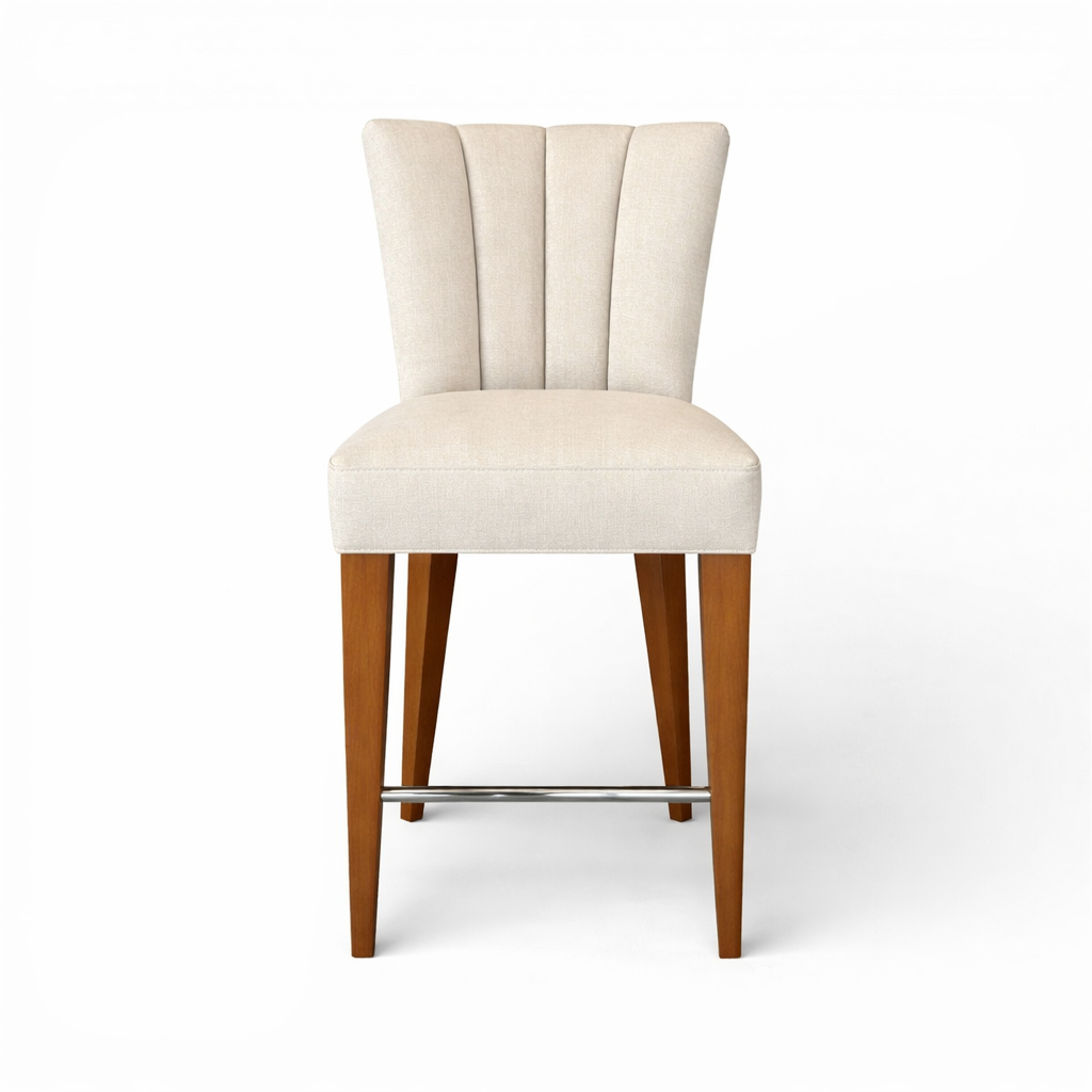 A beige upholstered bar stool with a high backrest and wooden legs on a white background.
