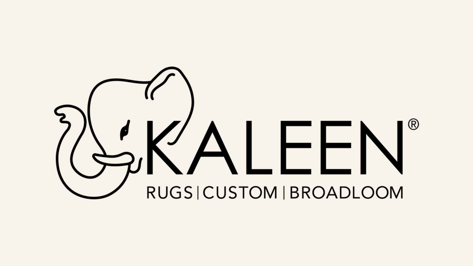 Logo for Kaleen featuring a minimalist black line drawing of an elephant, with the text 'KALEEN' and the tagline 'RUGS | CUSTOM | BROADLOOM' beneath.