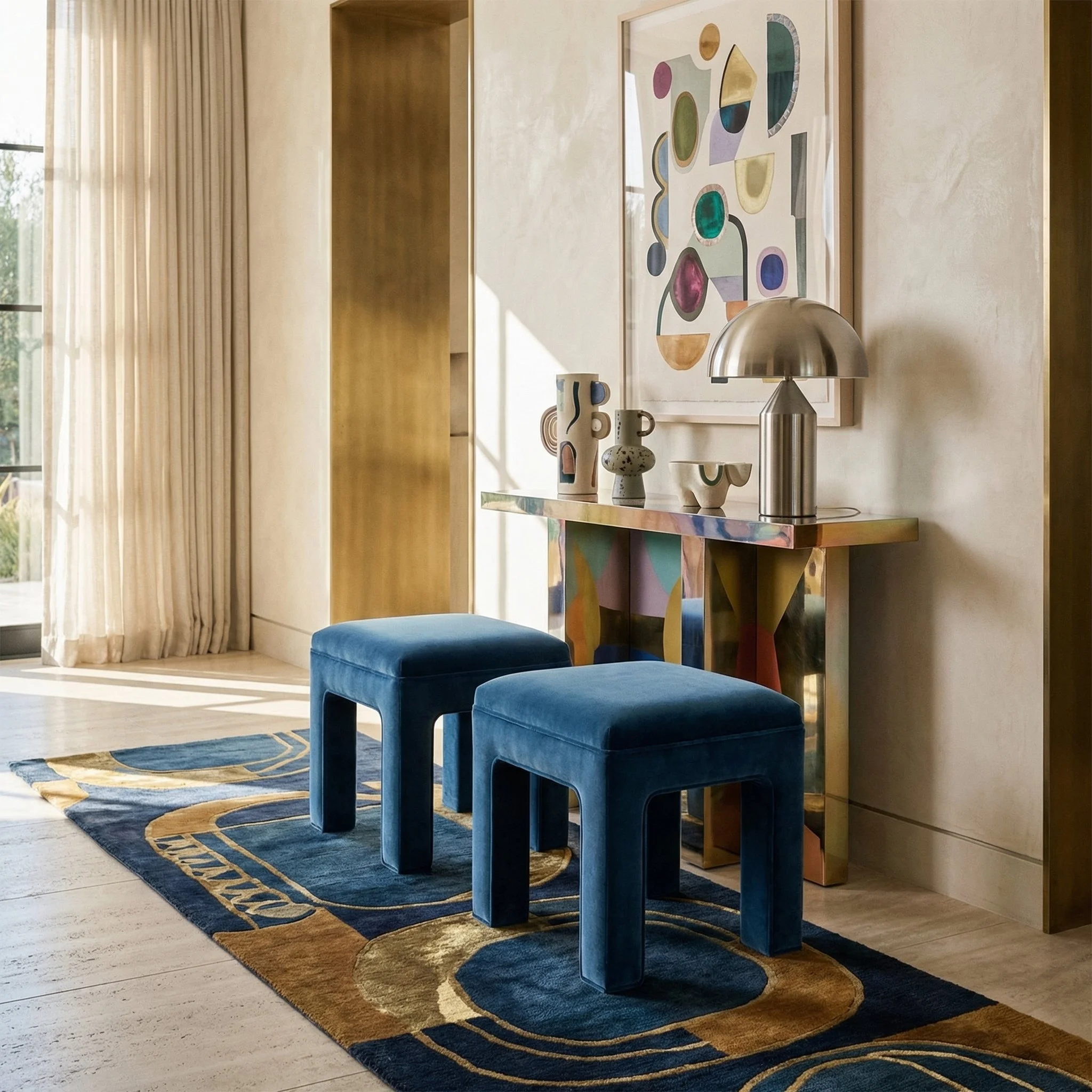 Interior of a room with two blue velvet stools, a colorful abstract painting, patterned console table, modern lamp, decorative vases, a window with cream curtains, and a blue and gold rug.