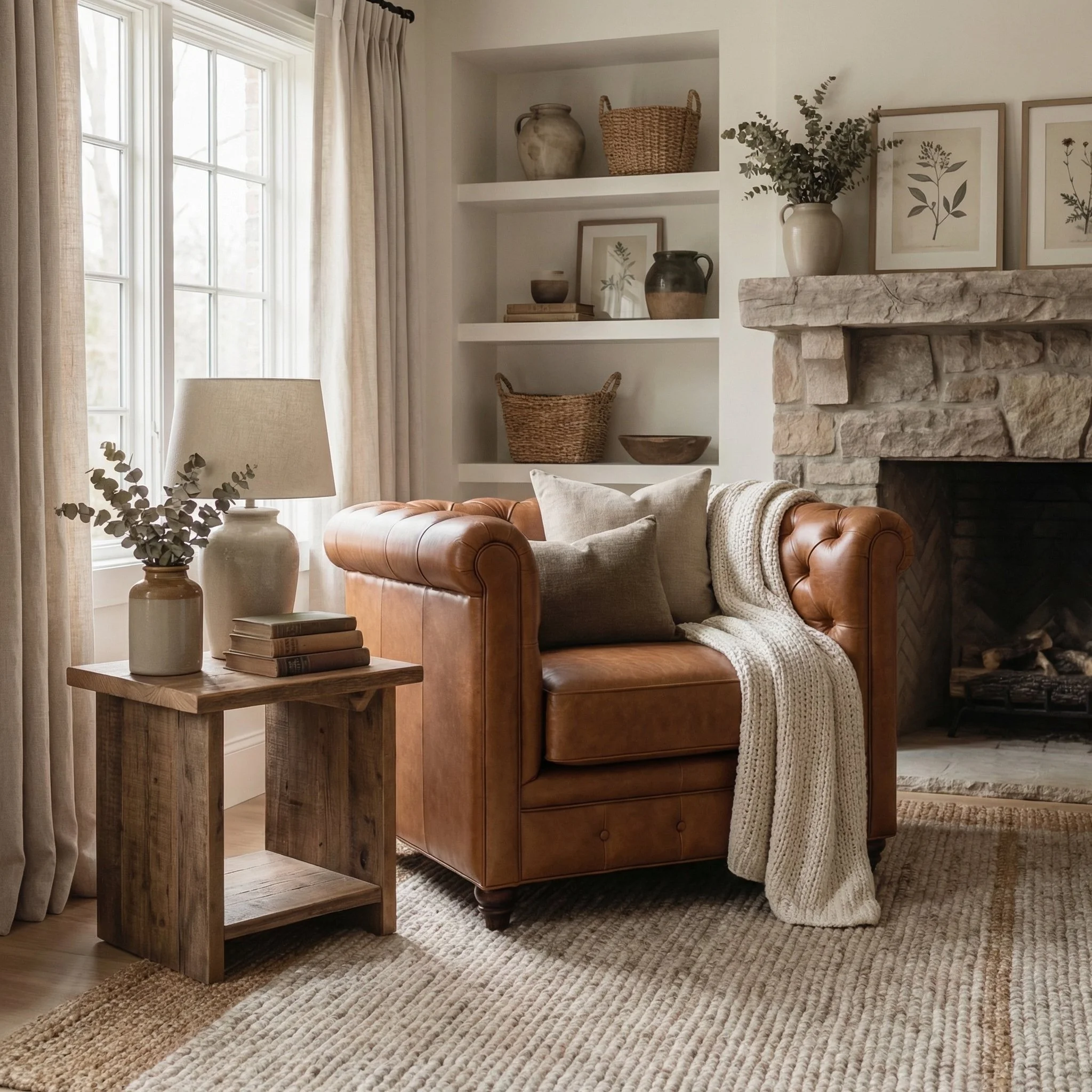 Cozy living room corner with a tan leather armchair, beige throw blanket, and pillows, next to a wooden side table with a beige lamp and a vase with eucalyptus, in front of a large window and a stone fireplace with framed botanical art and built-in bookshelves.