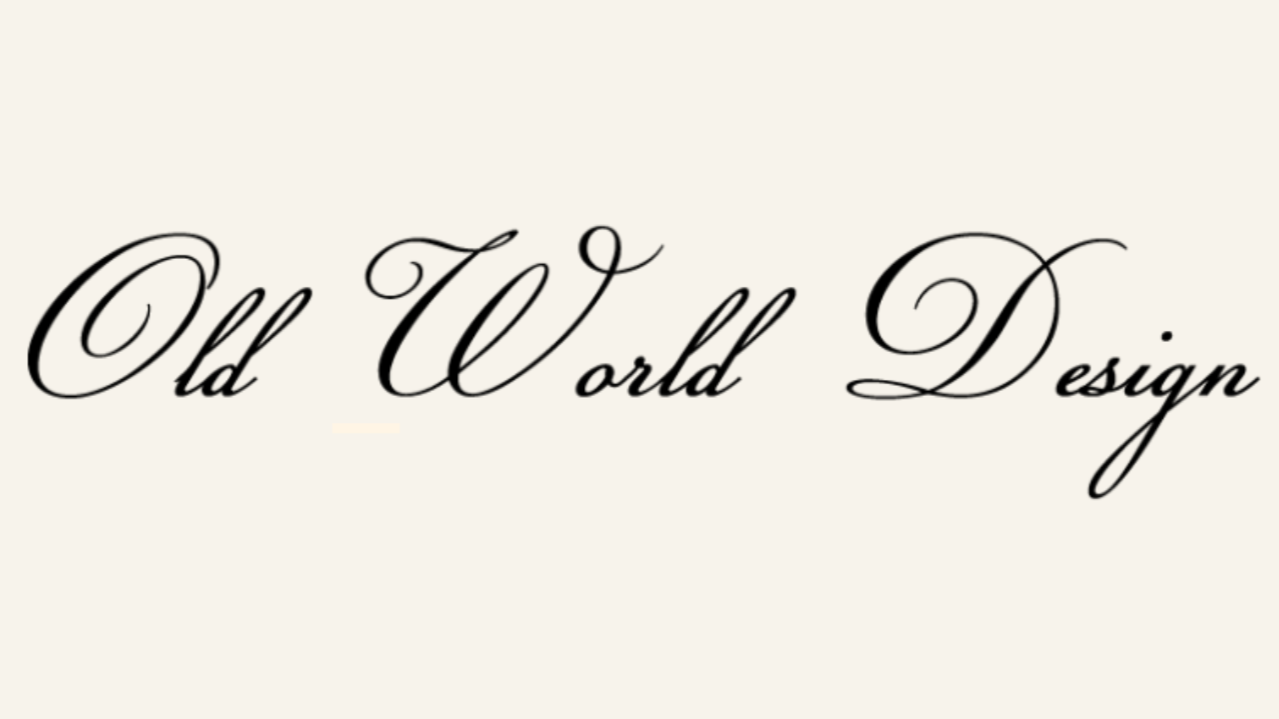 Text on a white background that says, 'Old World Design' in elegant black cursive font.