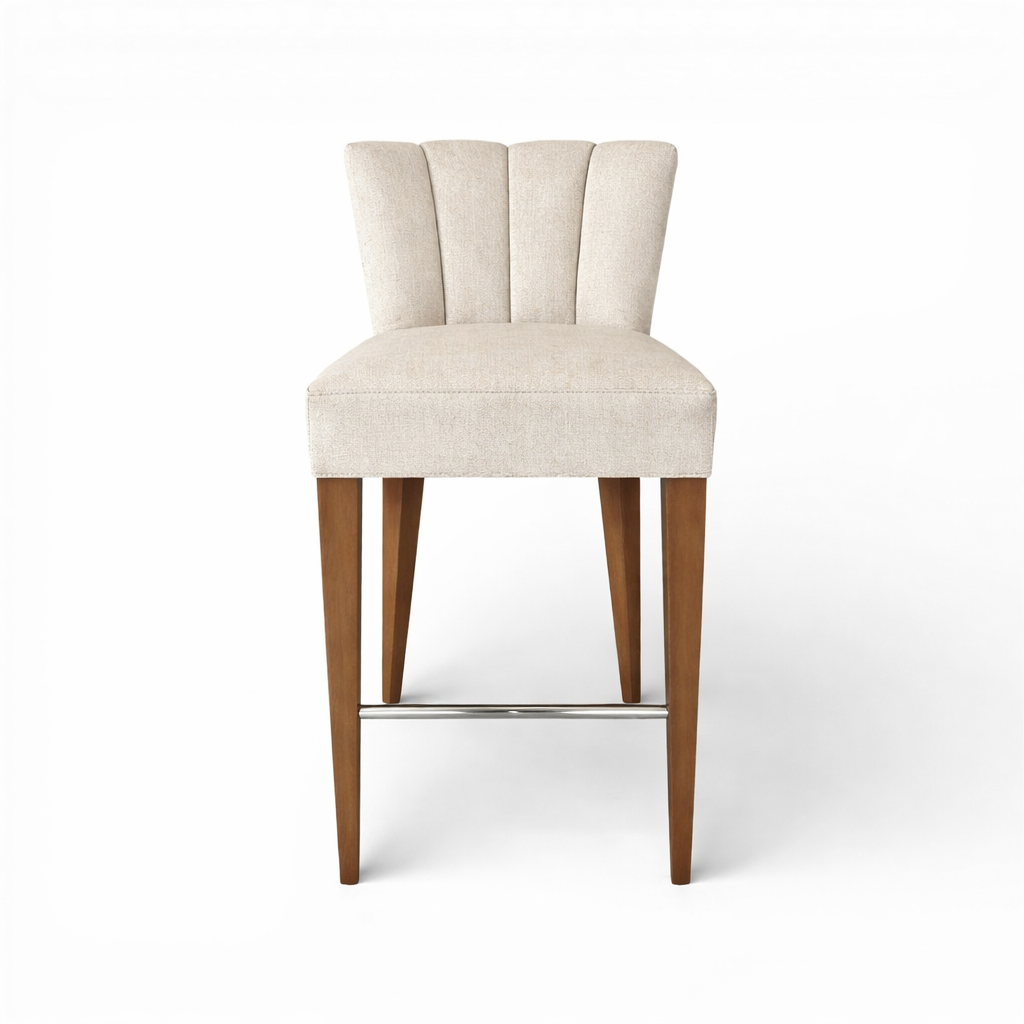 A beige upholstered chair with wooden legs and a metal support bar, set against a white background.