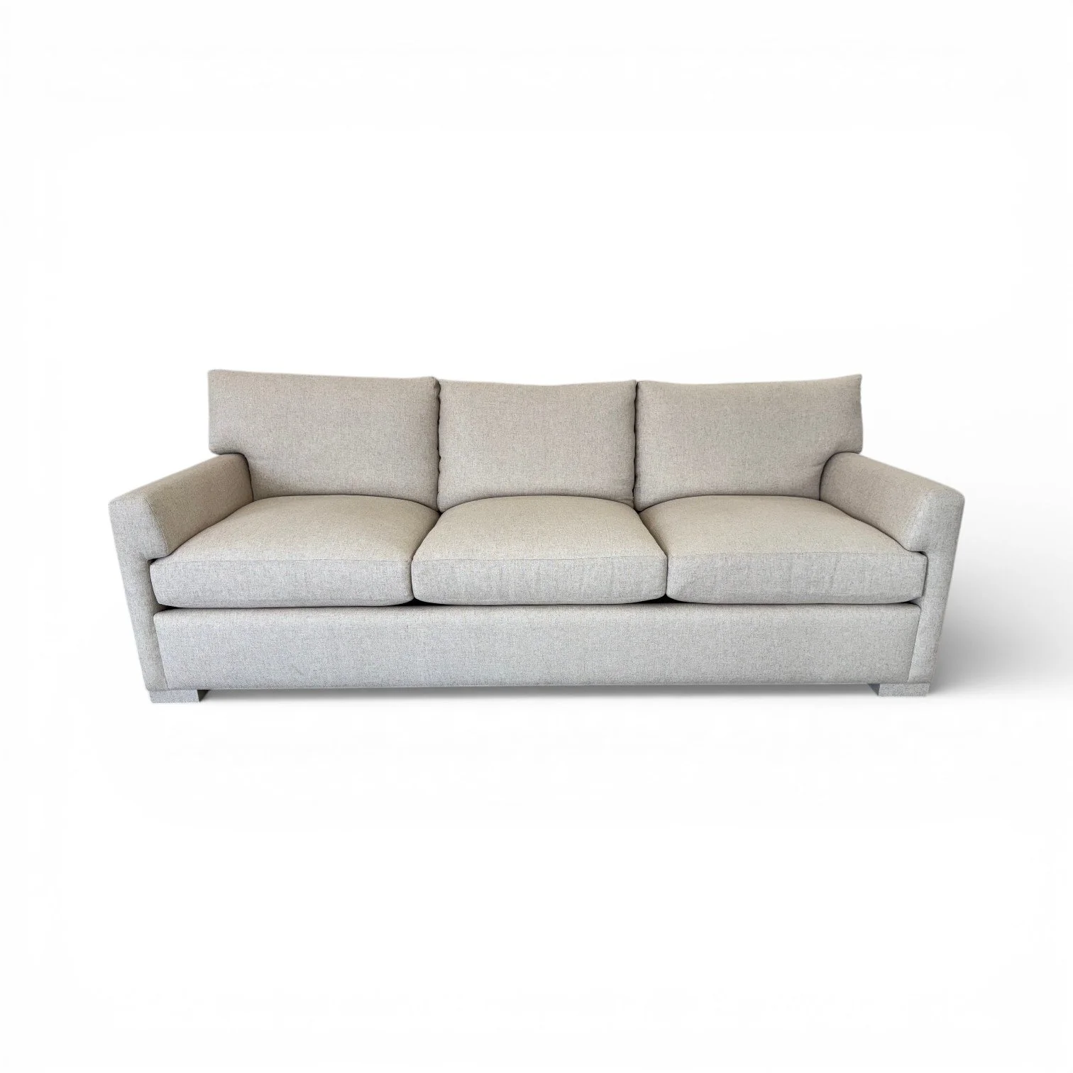 A light gray three-seat fabric sofa with cushions on a white background.