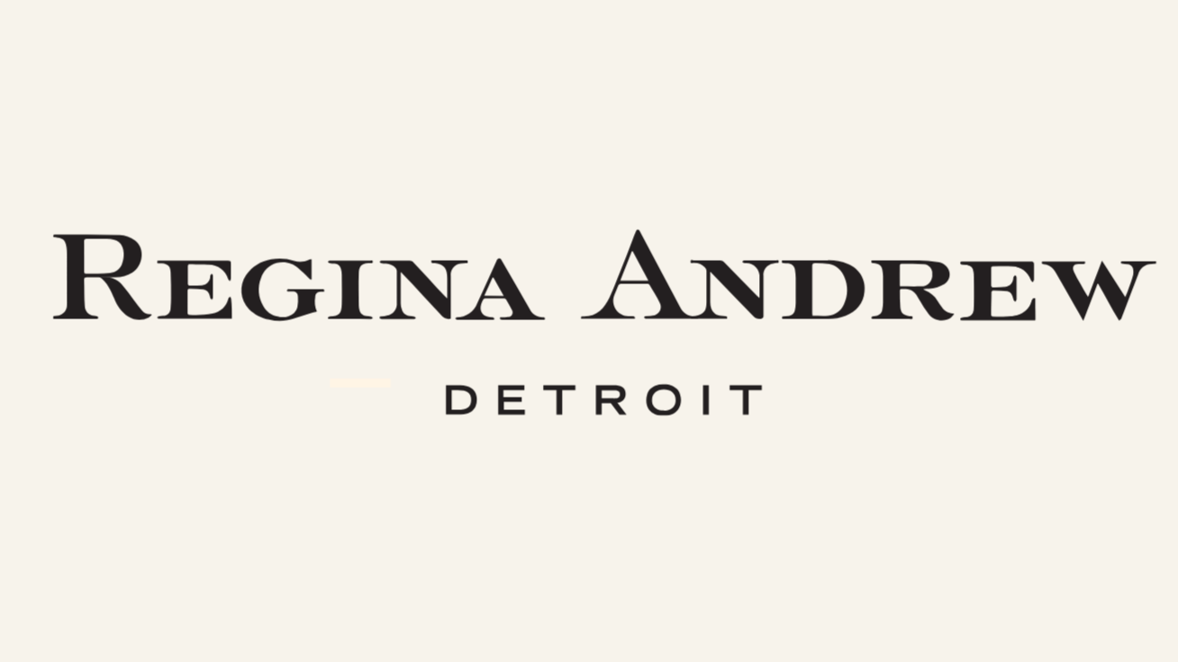 Text reading 'Regina Andrew Detroit' on a beige background.