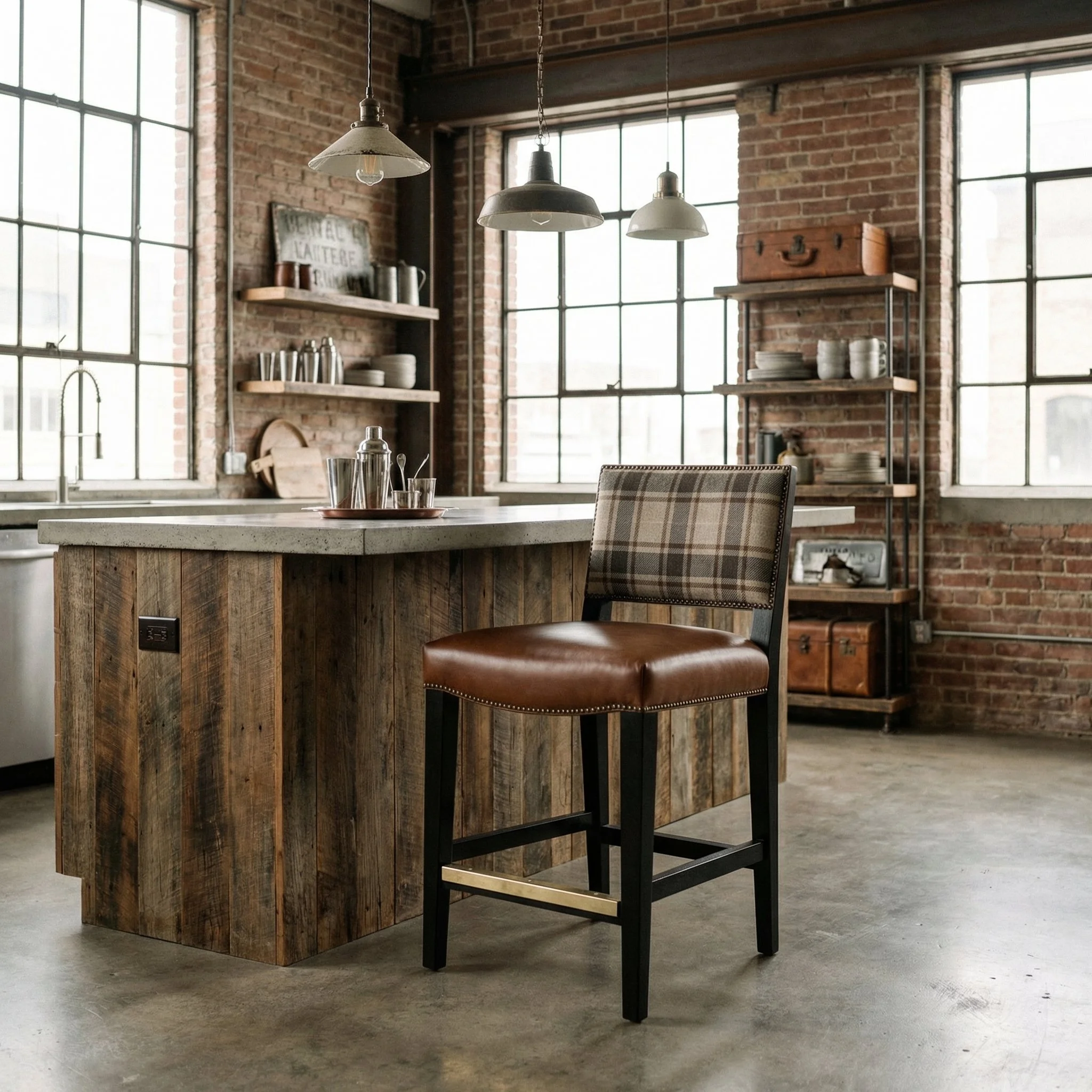 Modern industrial kitchen with large windows, exposed brick walls, wooden shelves, and a wooden kitchen island with a plaid-back chair in the foreground.